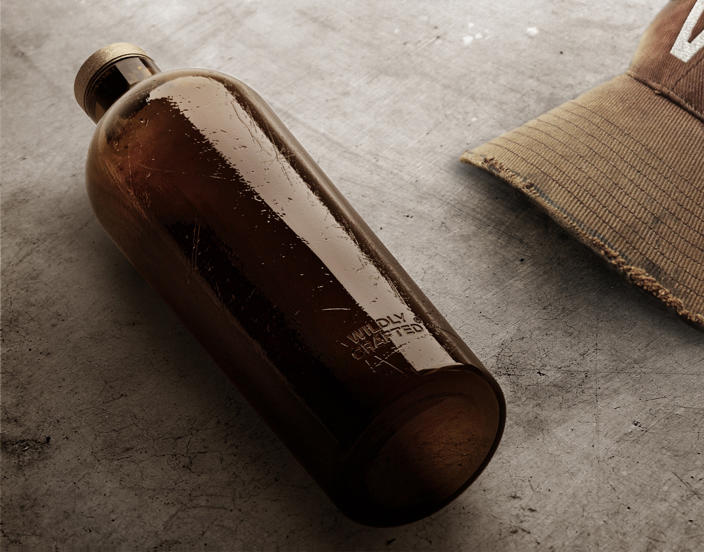 Estal Wildly Crafted Mood picture: brown bottle of the Wildly Crafted collection lies on a grey concrete background, next to it a brown peaked cap