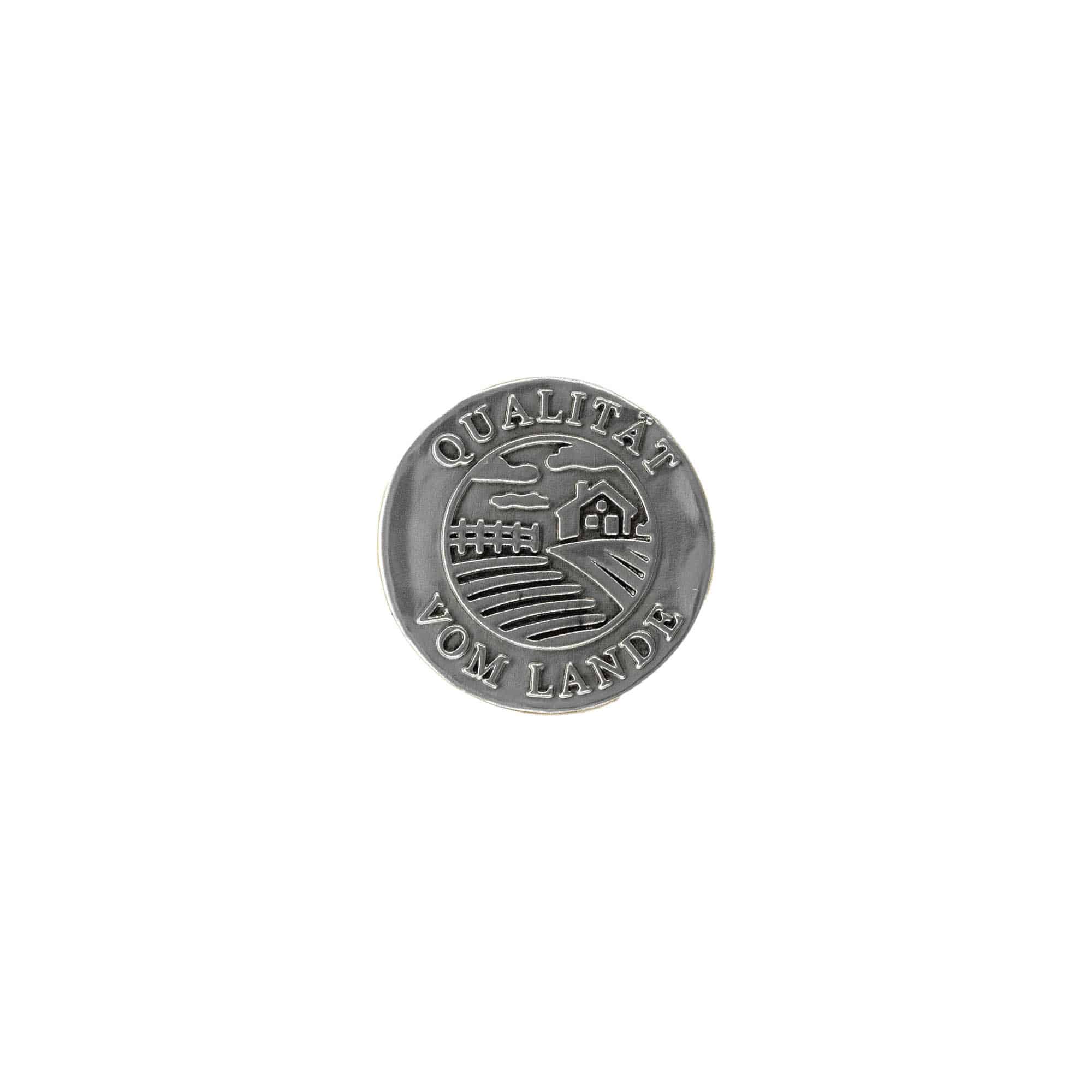 Pewter tag 'Quality Produce', round, metal, silver
