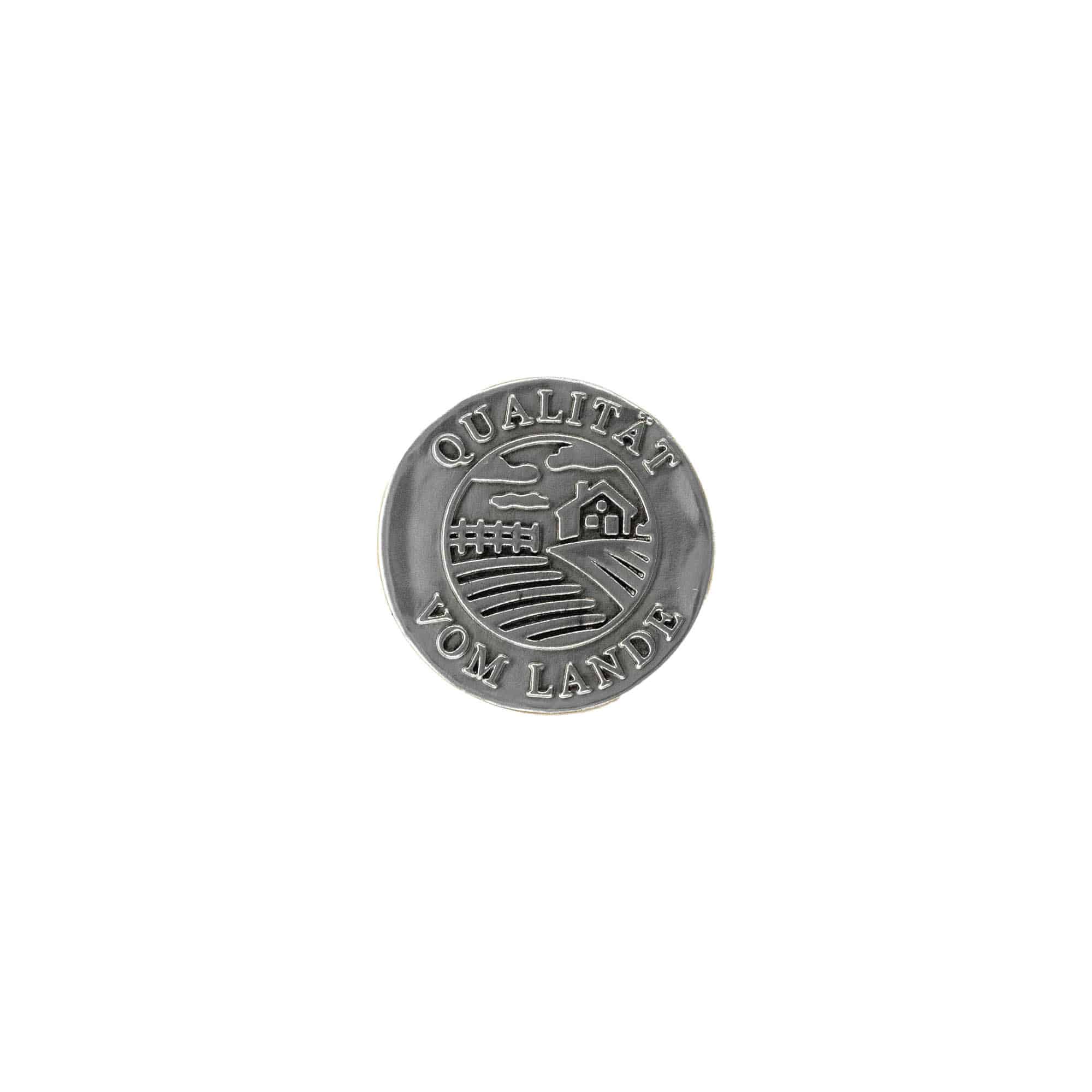 Tin label 'Quality from the Countryside', round, metal, silver