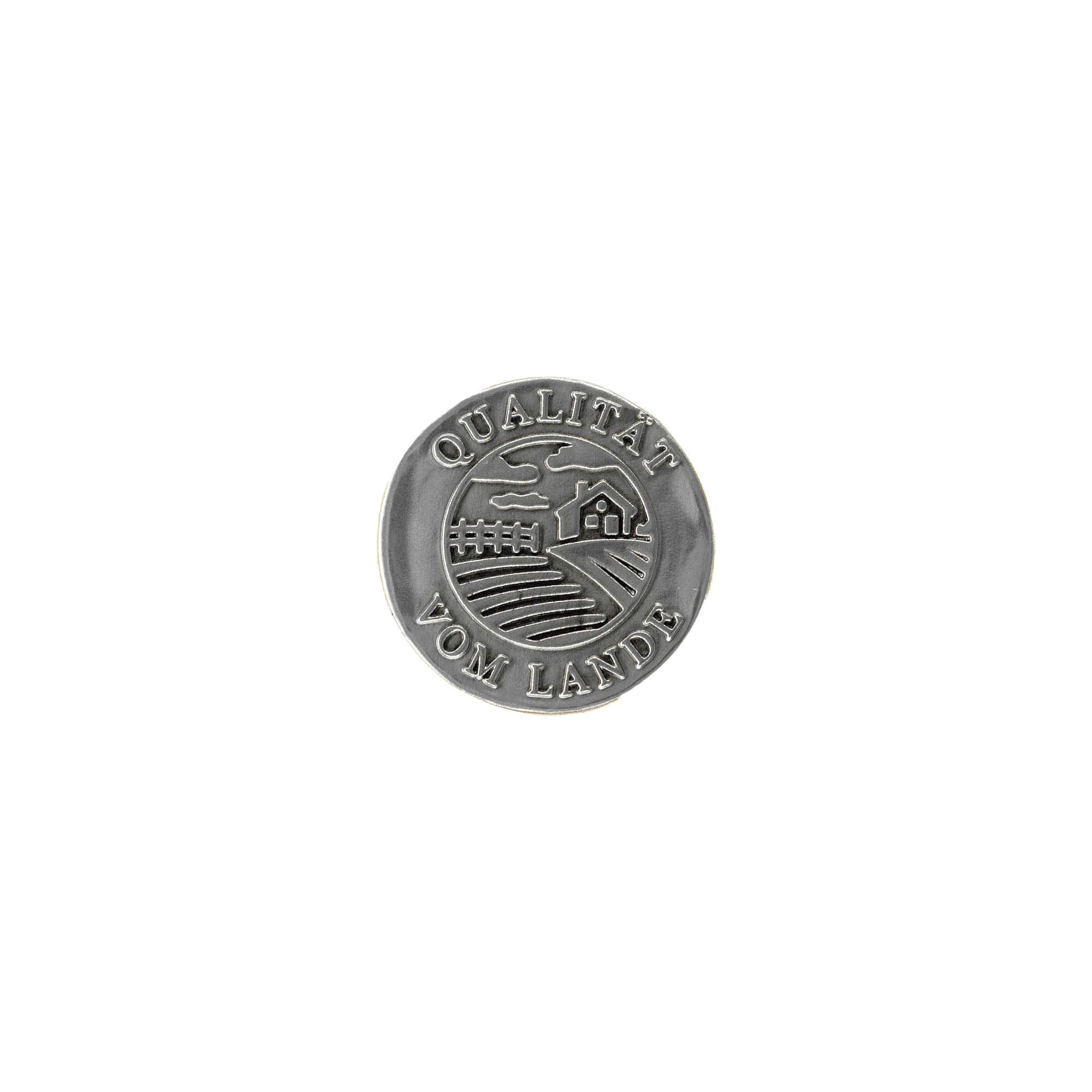 Tin label 'Quality from the Countryside', round, metal, silver Tin label 'Quality from the Countryside', round, metal, silver