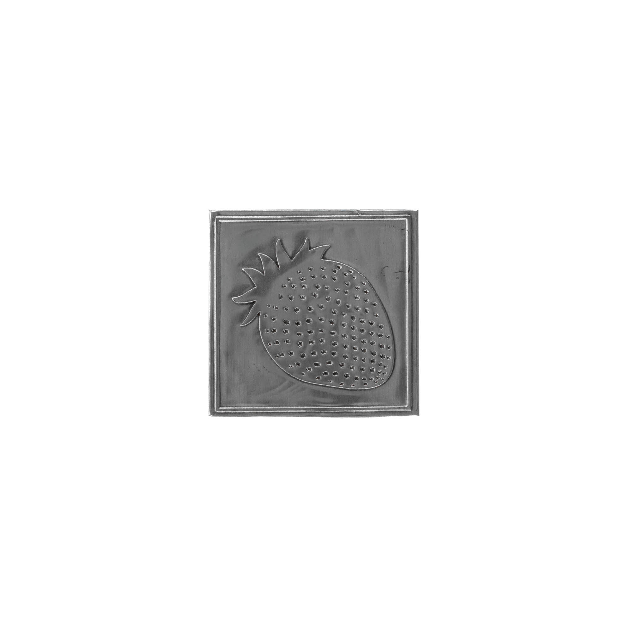 Tin label 'Strawberry', square, metal, silver Tin label 'Strawberry', square, metal, silver