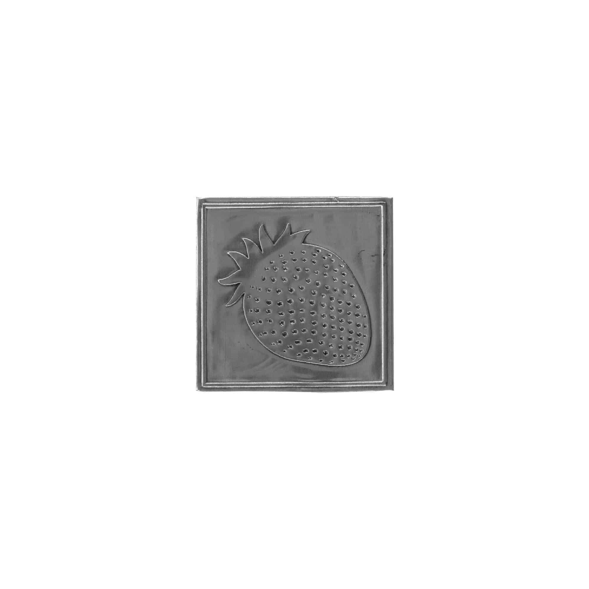 Tin label 'Strawberry', square, metal, silver Tin label 'Strawberry', square, metal, silver