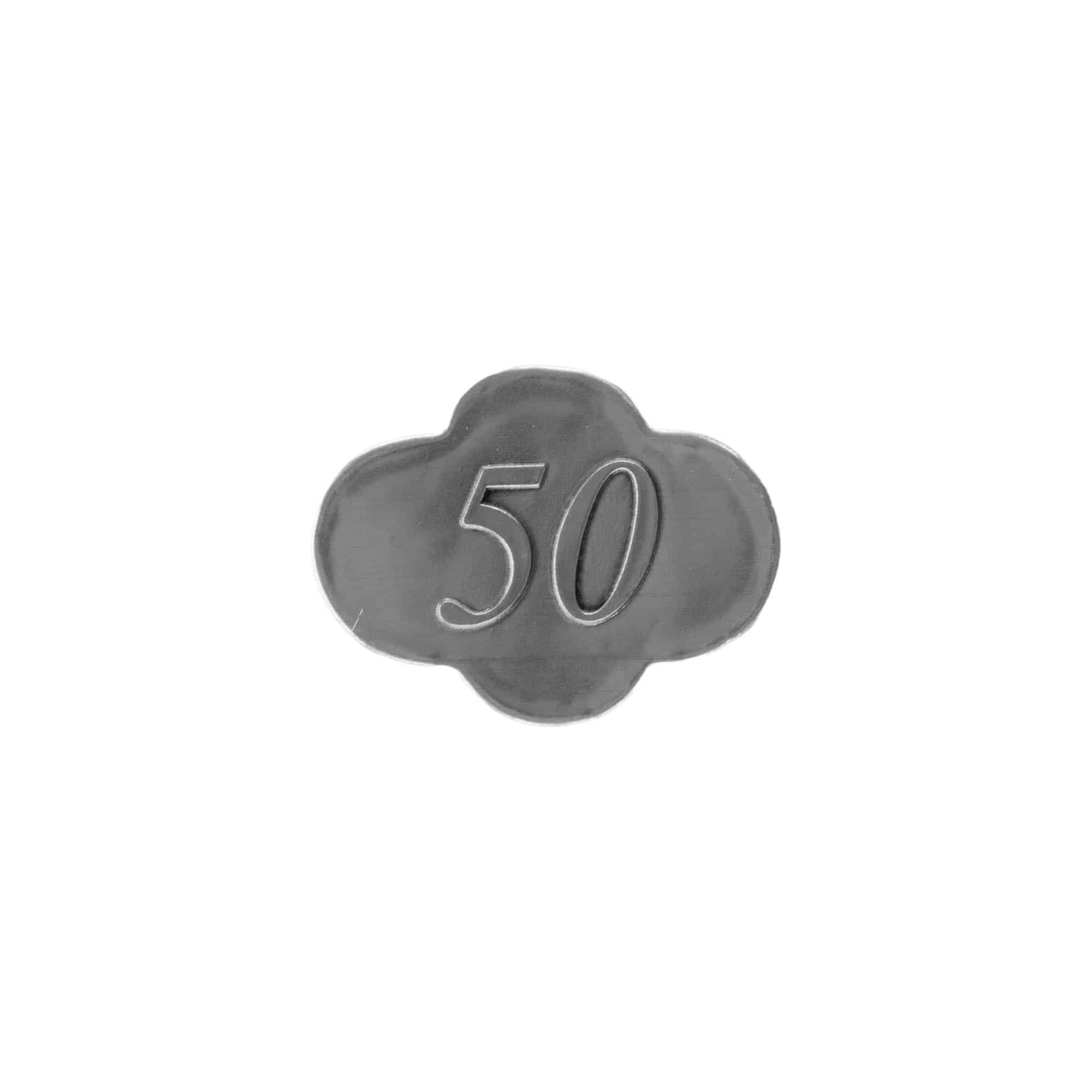 Tin label ‘50’, metal, silver
