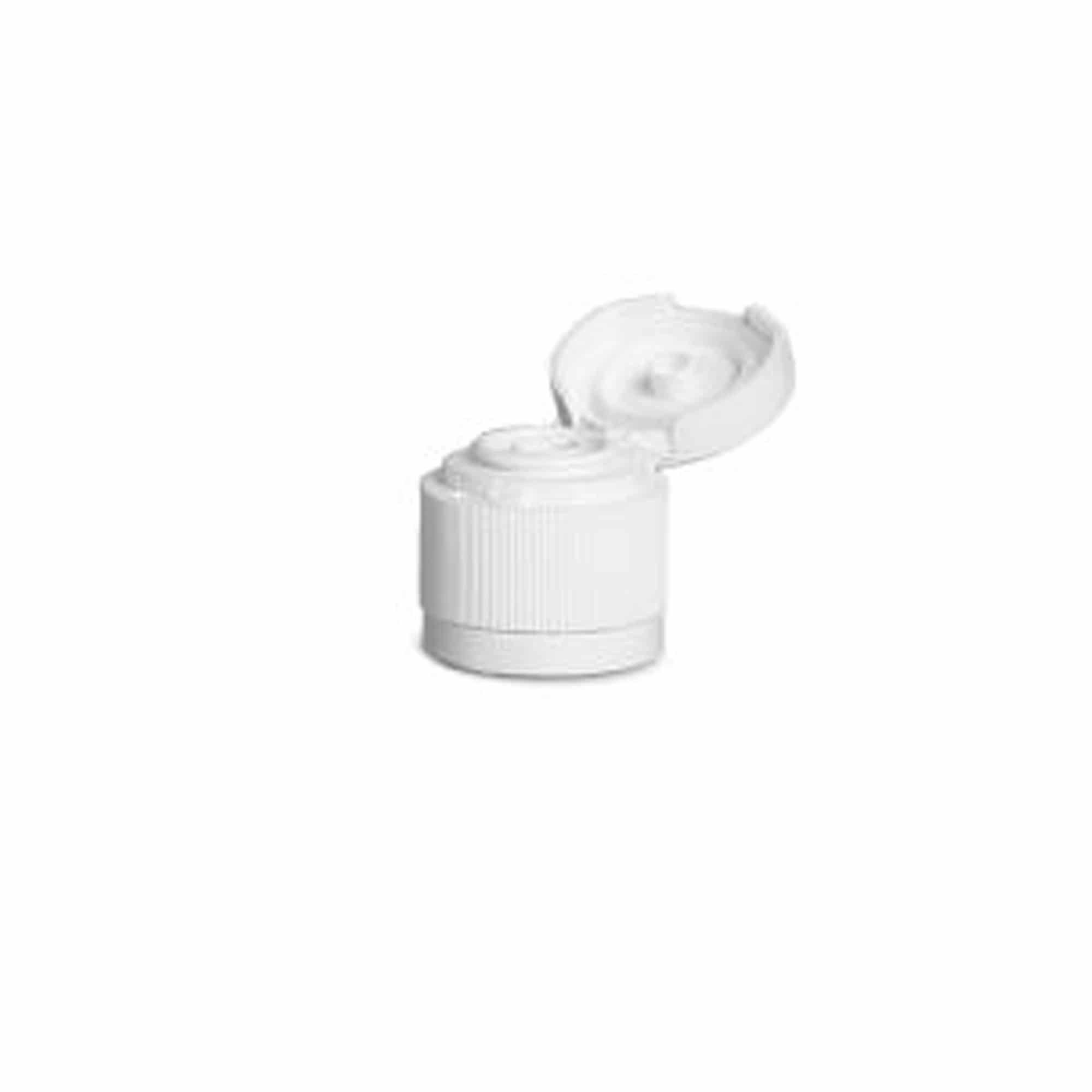 Screw cap with hinged flap, PP plastic, white, for opening: DIN 18