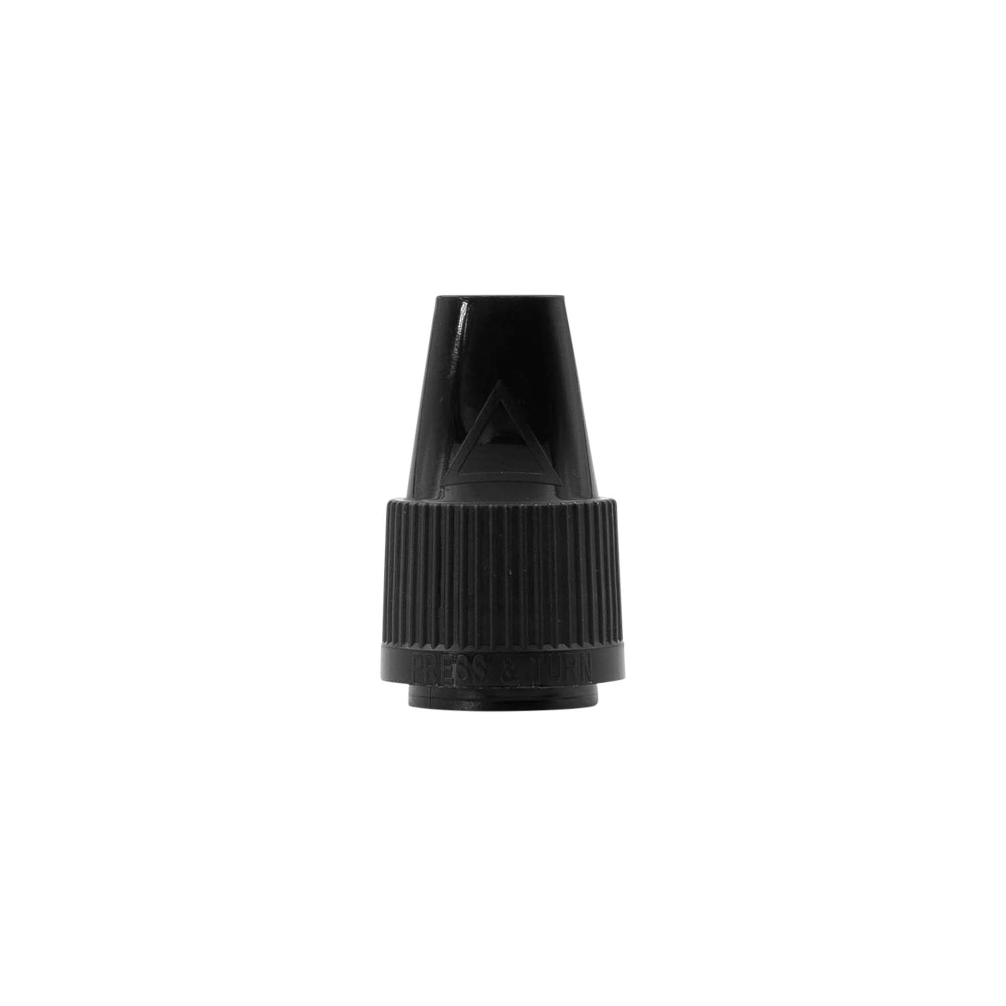 Screw cap with quality and child safety lock for ‘E-Liquid’, PP plastic, black