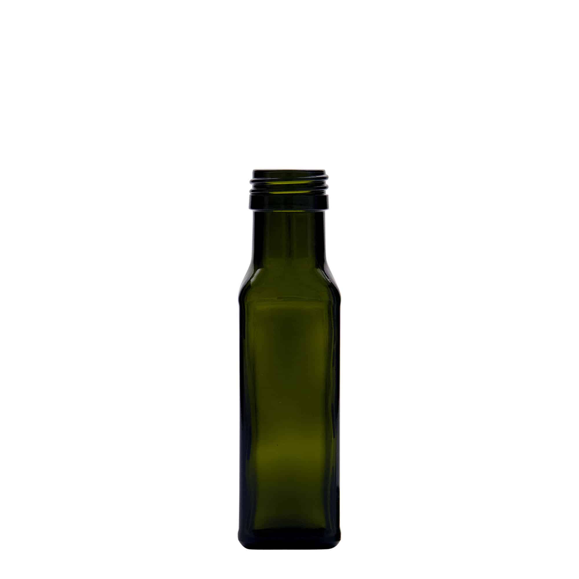 100 ml glass bottle ‘Marasca’, square, antique green, opening: PP 31.5