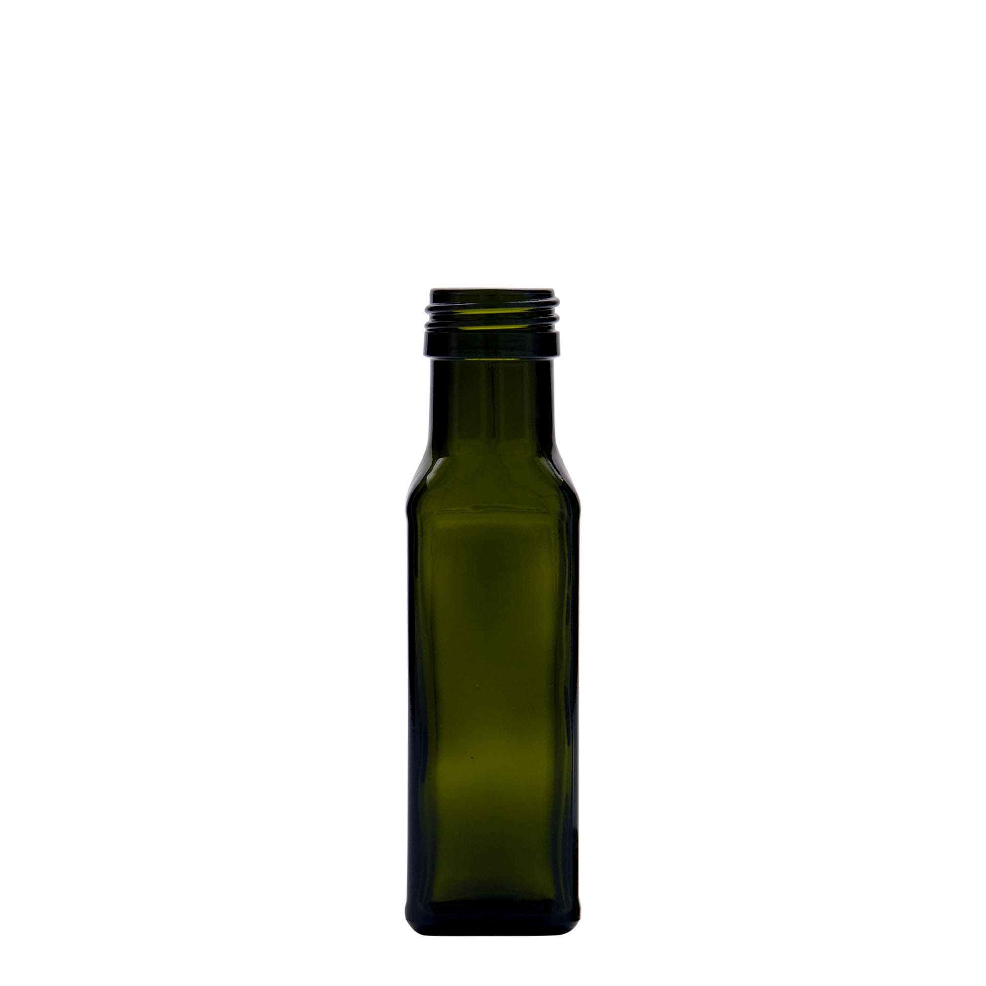 100 ml glass bottle ‘Marasca’, square, antique green, opening: PP 31.5