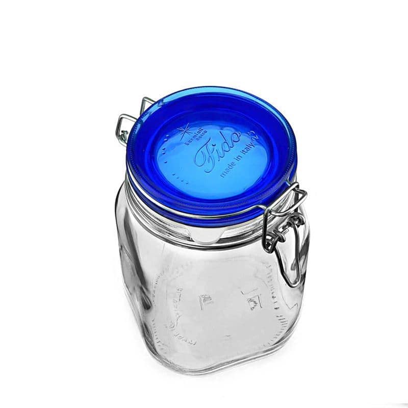 1,000 ml clip top jar 'Fido' Blue Top, square, closure: clip top