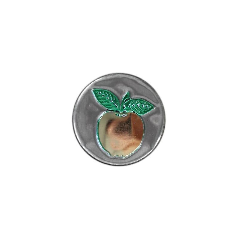 Tin label ‘Apple’, round, metal, silver