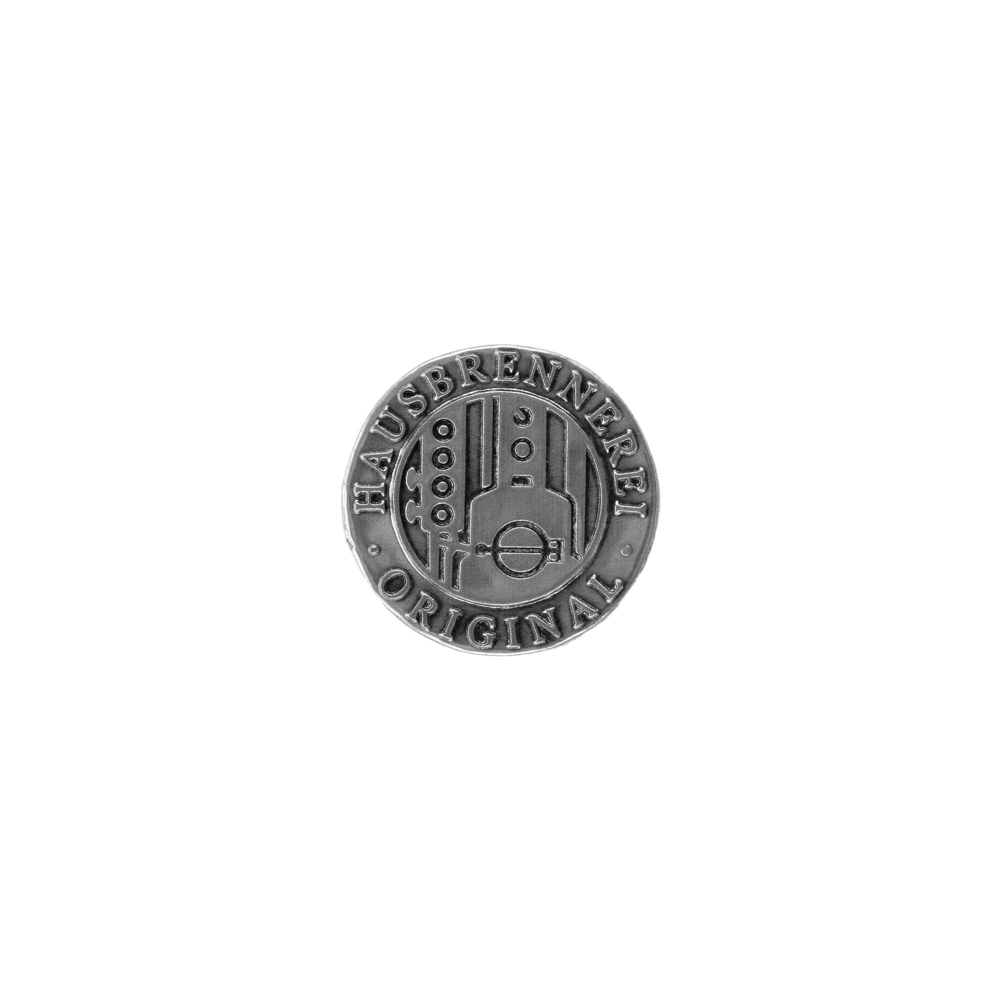 Tin label 'House Distillery', round, metal, silver Tin label 'House Distillery', round, metal, silver