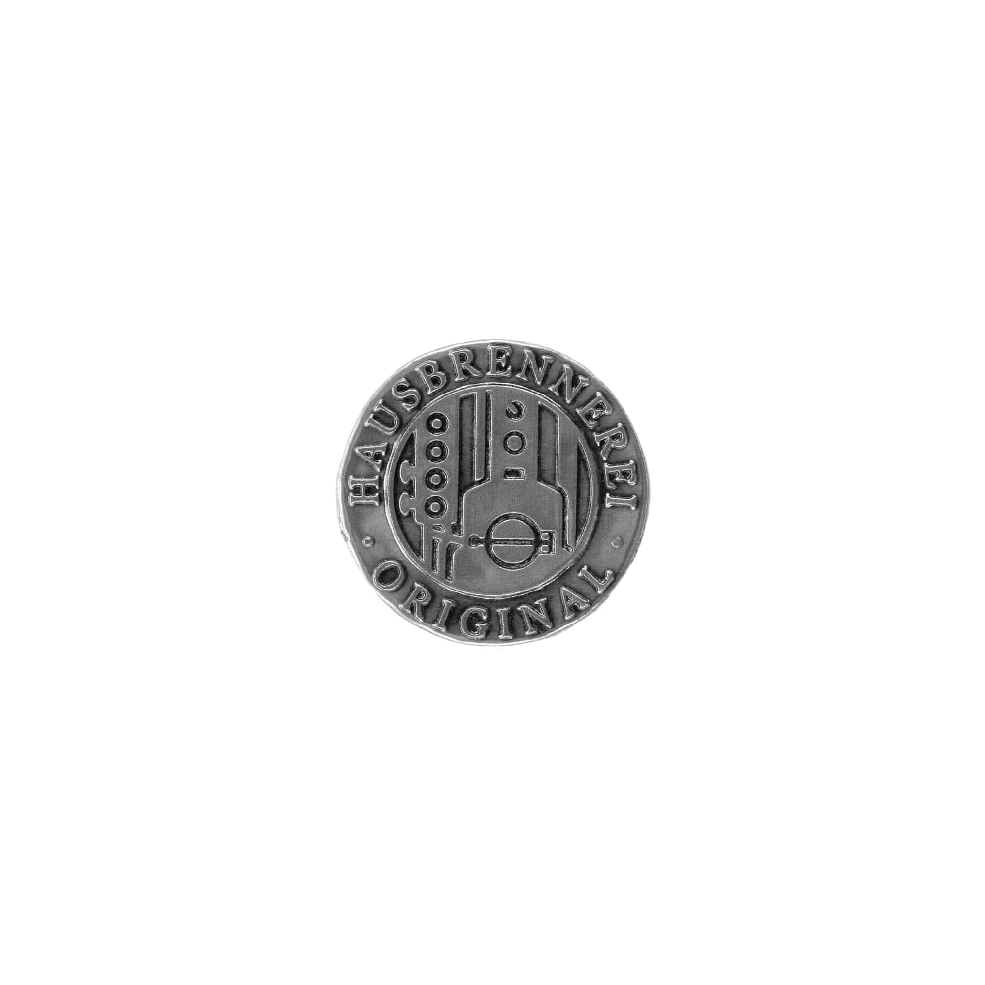 Tin label 'House Distillery', round, metal, silver