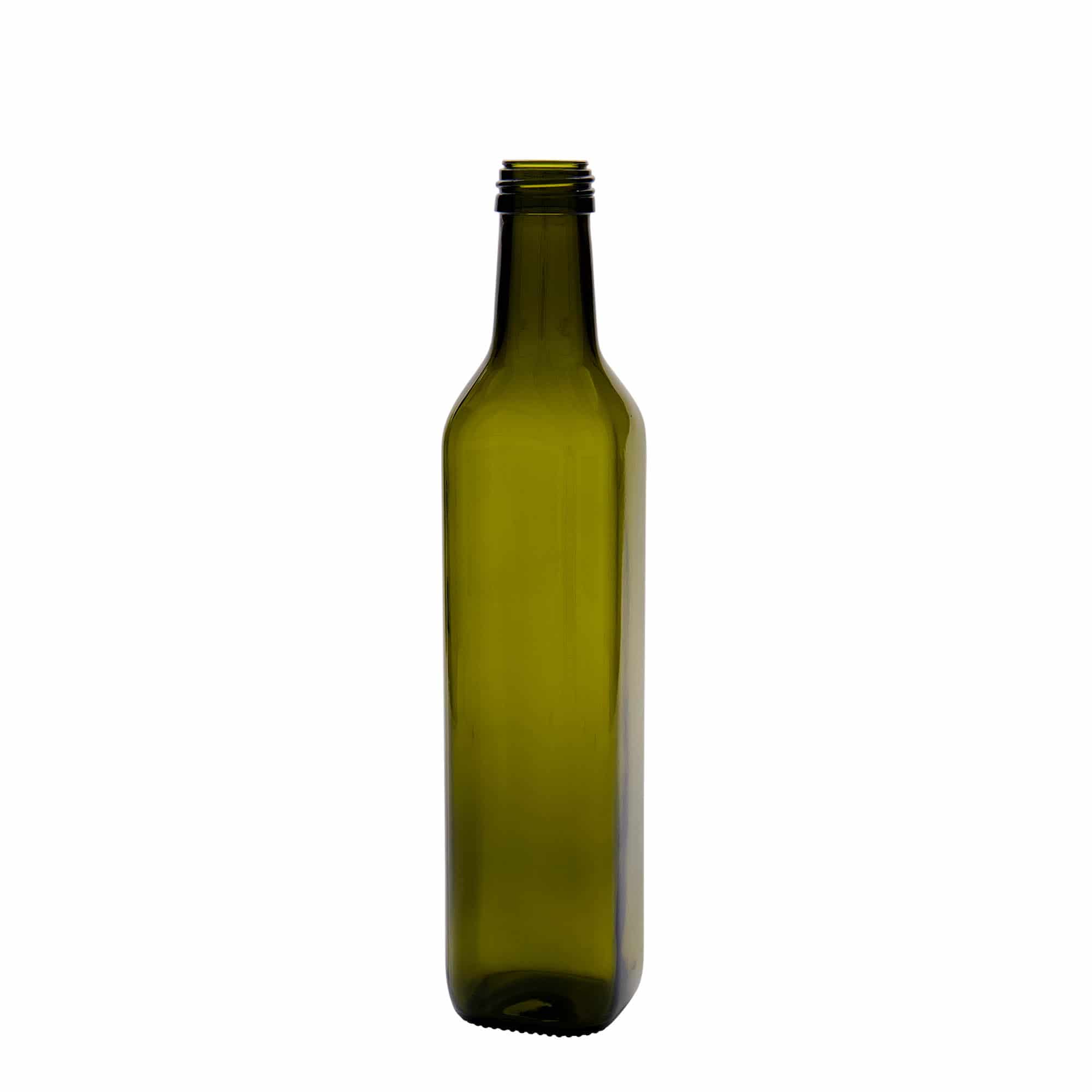 500 ml glass bottle ‘Marasca’, square, antique green, opening: PP 31.5