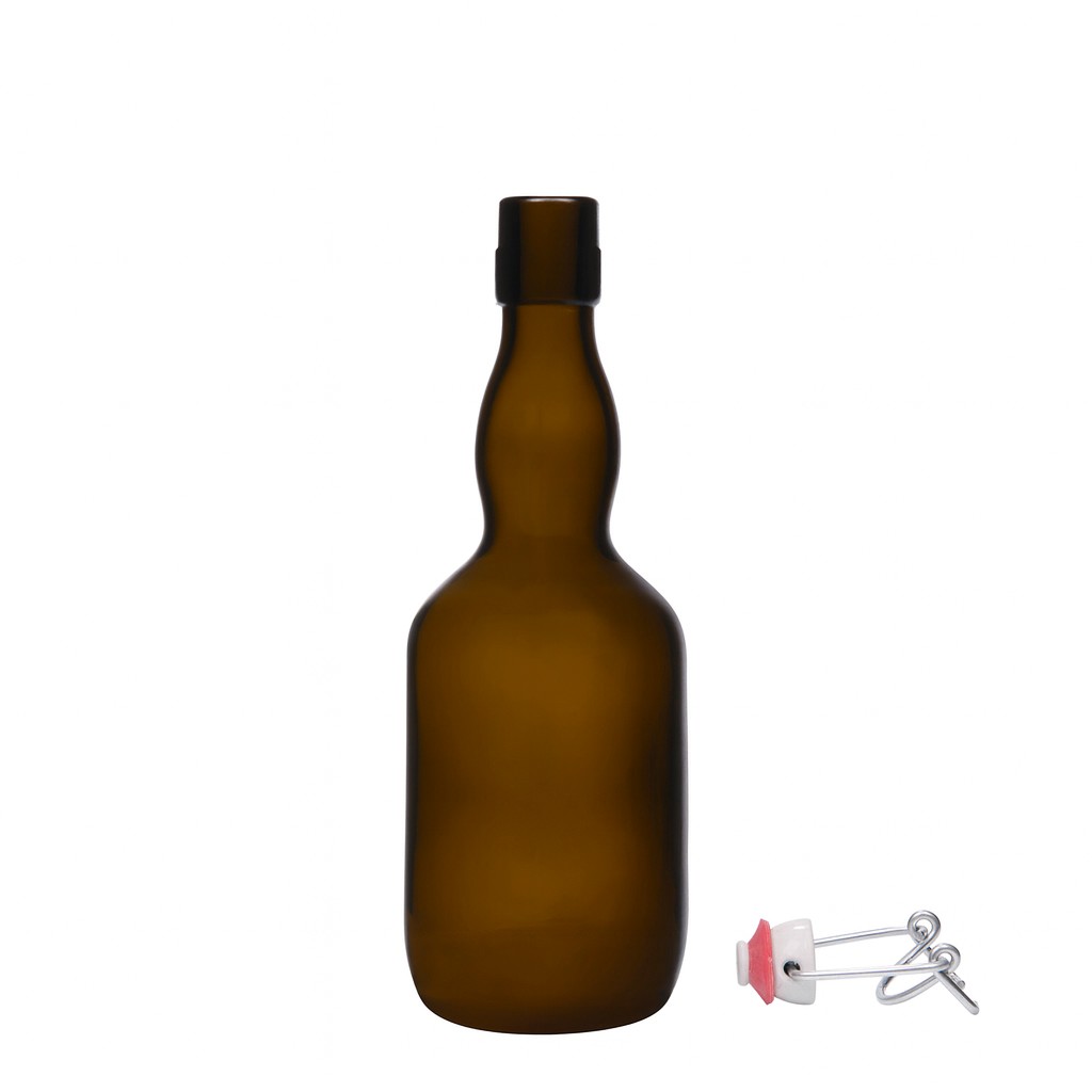 500 ml beer bottle with long neck, glass, antique green, opening: swing top closure 500 ml beer bottle with long neck, glass, antique green, opening: swing top closure