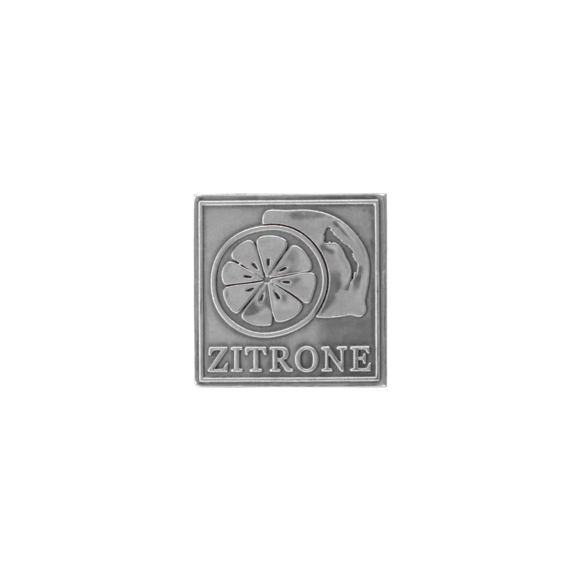 Tin label ‘Lemon’, square, metal, silver