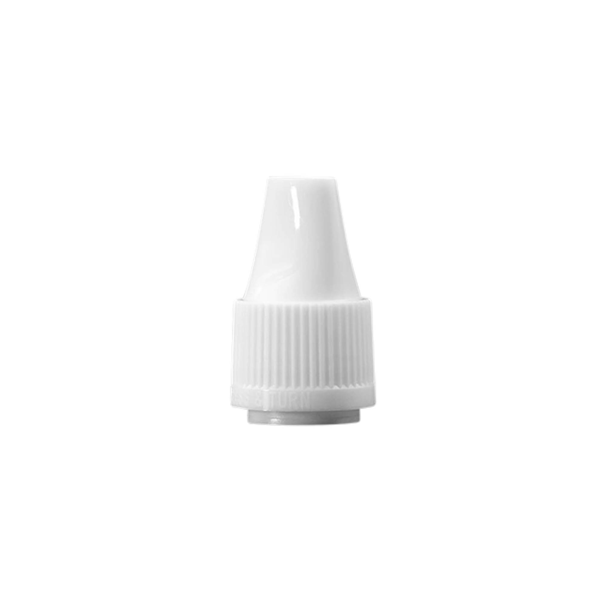 Screw cap with quality and child safety lock for ‘E-Liquid’, PP plastic, white