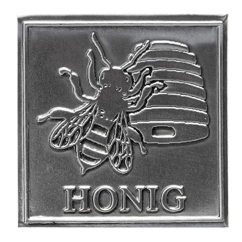Pewter tag 'Honey', square, metal, silver