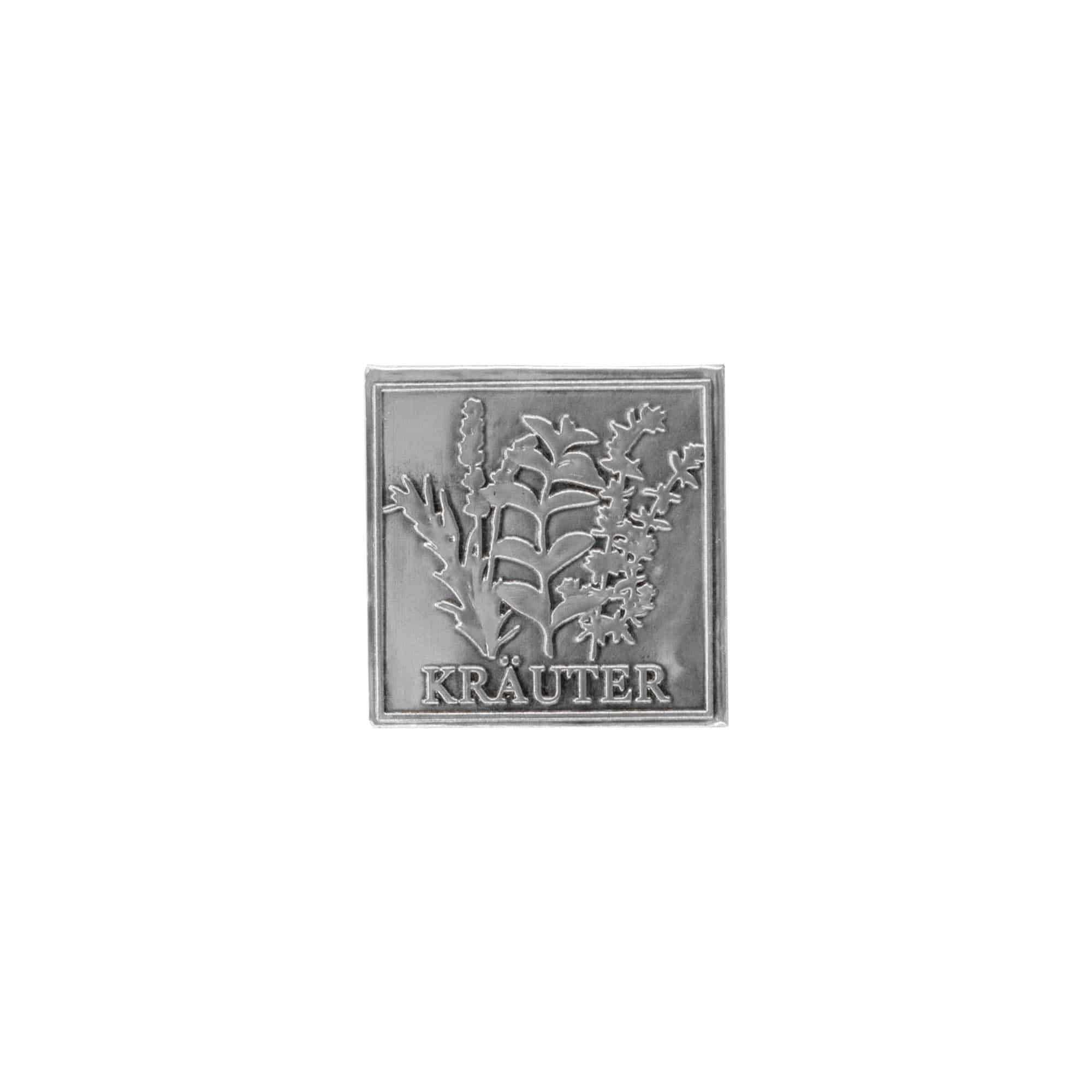 Tin label 'Herbs', square, metal, silver