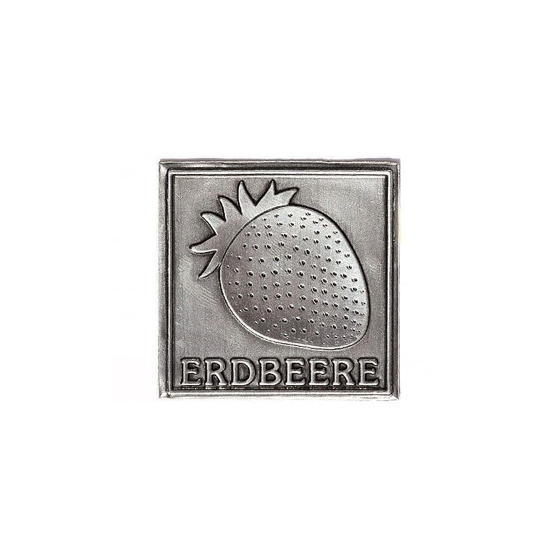 Tin label 'Strawberry', square, metal, silver Tin label 'Strawberry', square, metal, silver