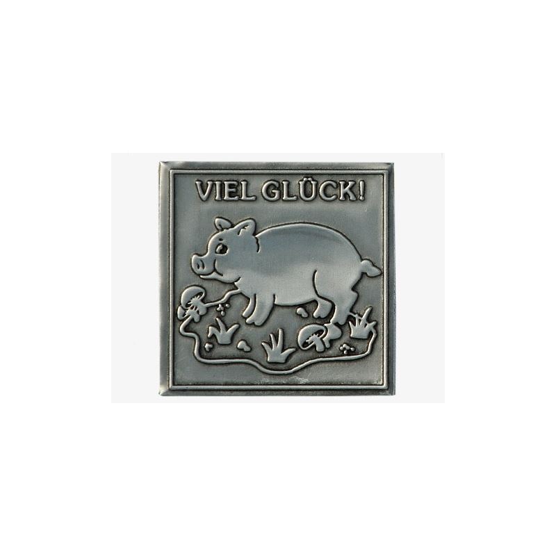 Tin label 'Good luck', square, metal, silver Tin label 'Good luck', square, metal, silver