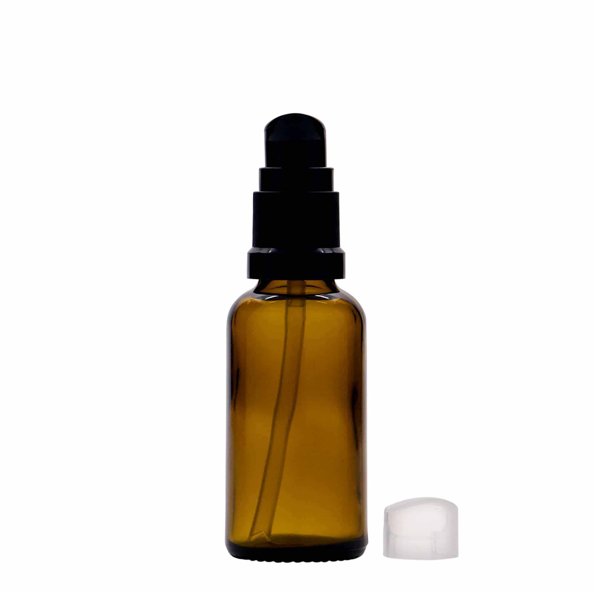 30 ml medical bottle with lotion pump, glass, brown, opening: DIN 18 30 ml medical bottle with lotion pump, glass, brown, opening: DIN 18