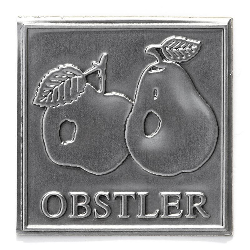 Tin label 'Obstler', square, metal, silver Tin label 'Obstler', square, metal, silver