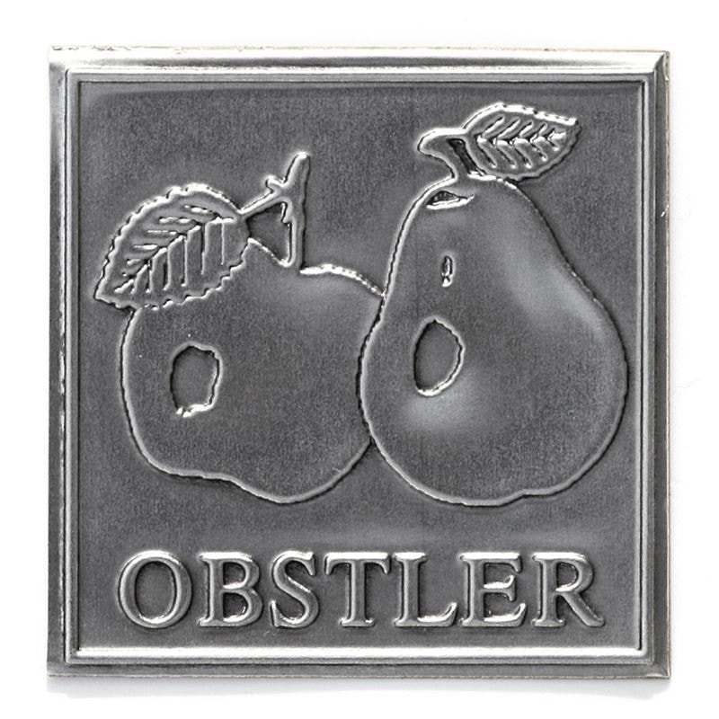 Tin label ‘Obstler’, square, metal, silver