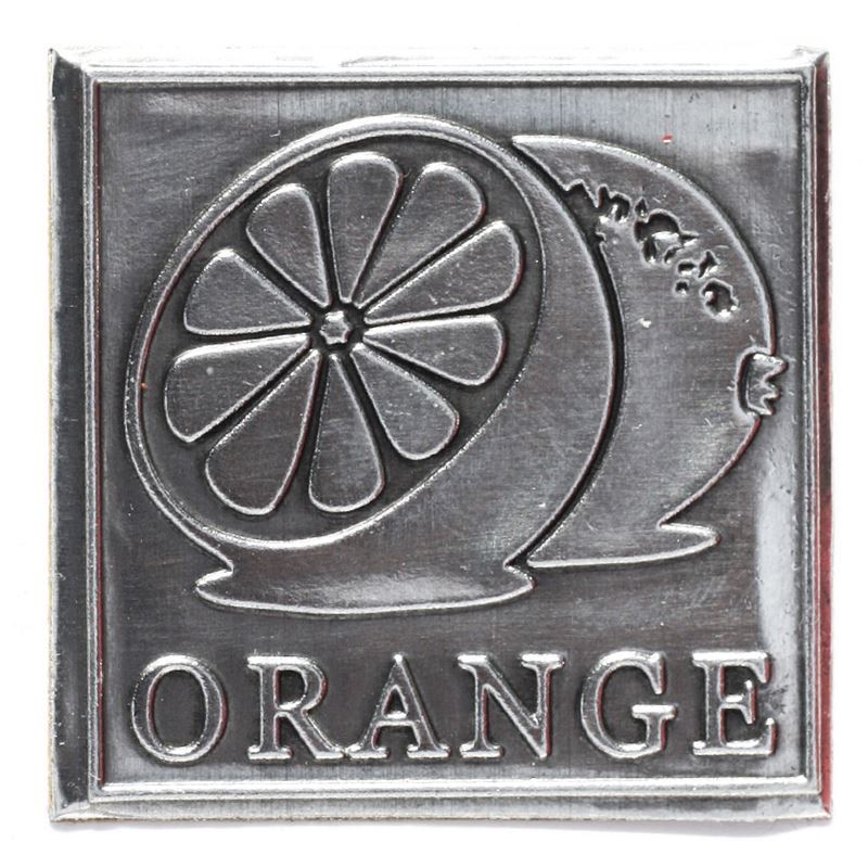 Tin label 'Orange', square, metal, silver Tin label 'Orange', square, metal, silver
