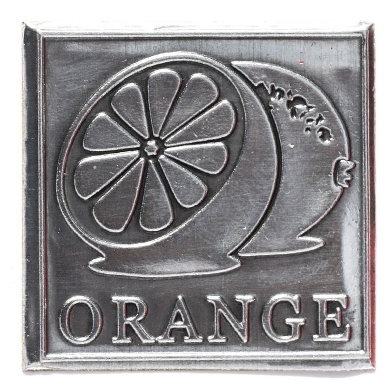Tin label ‘Orange’, square, metal, silver