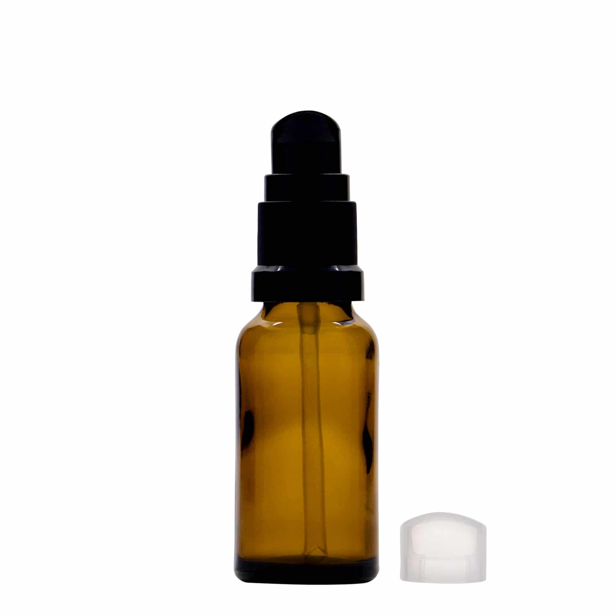 20 ml medicine bottle with lotion pump, glass, brown, opening: DIN 18