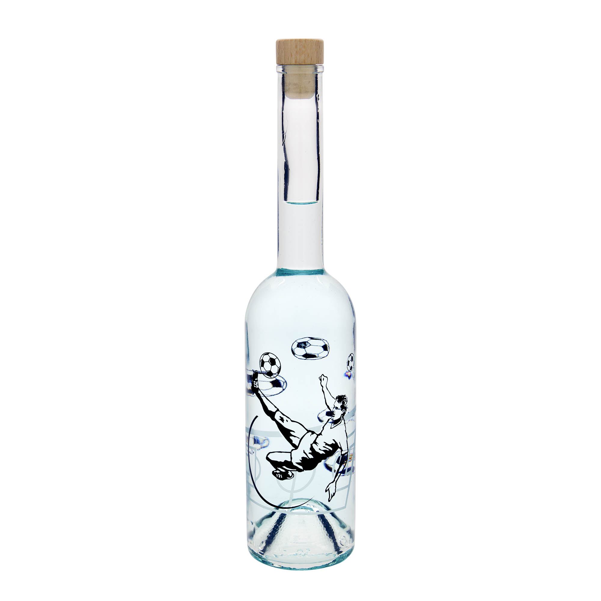 500 ml glass bottle 'Opera', motif: football player, opening: cork
