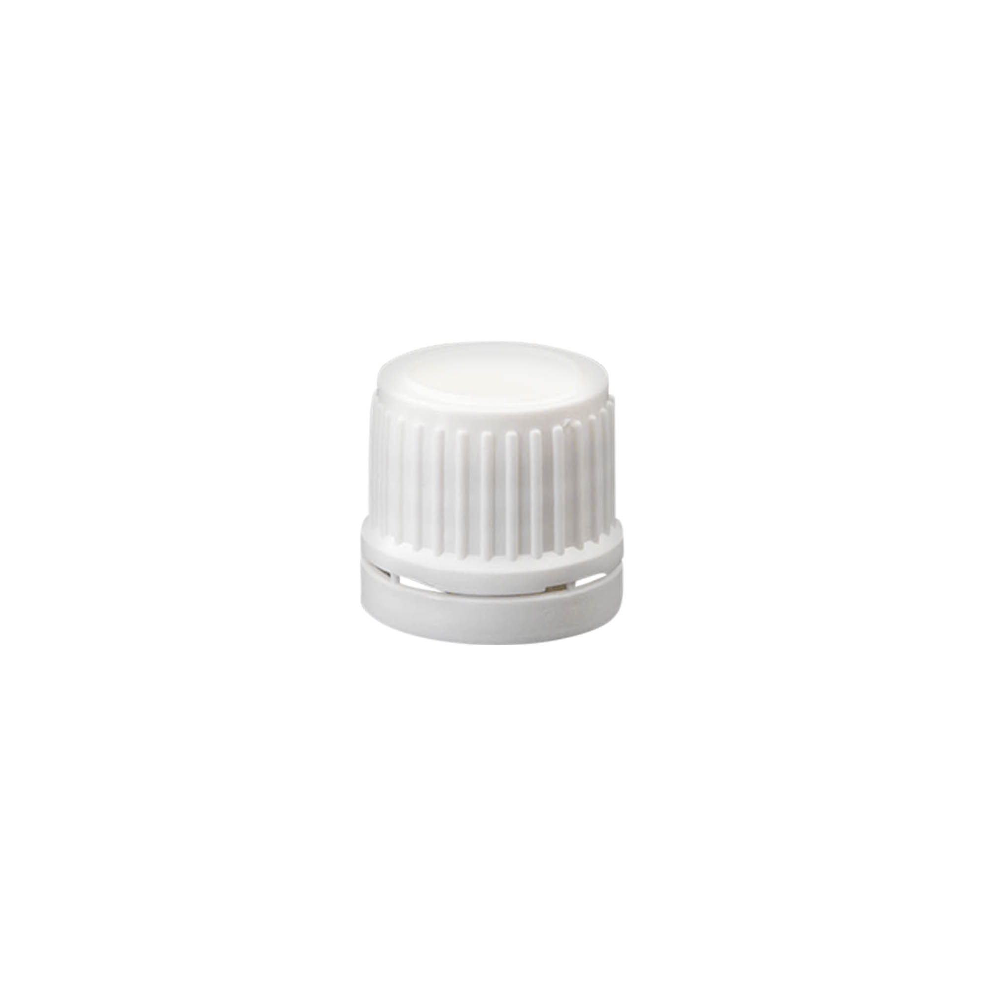 Screw cap with tamper-evident seal, PE plastic, white, for opening: DIN 18 Screw cap with tamper-evident seal, PE plastic, white, for opening: DIN 18