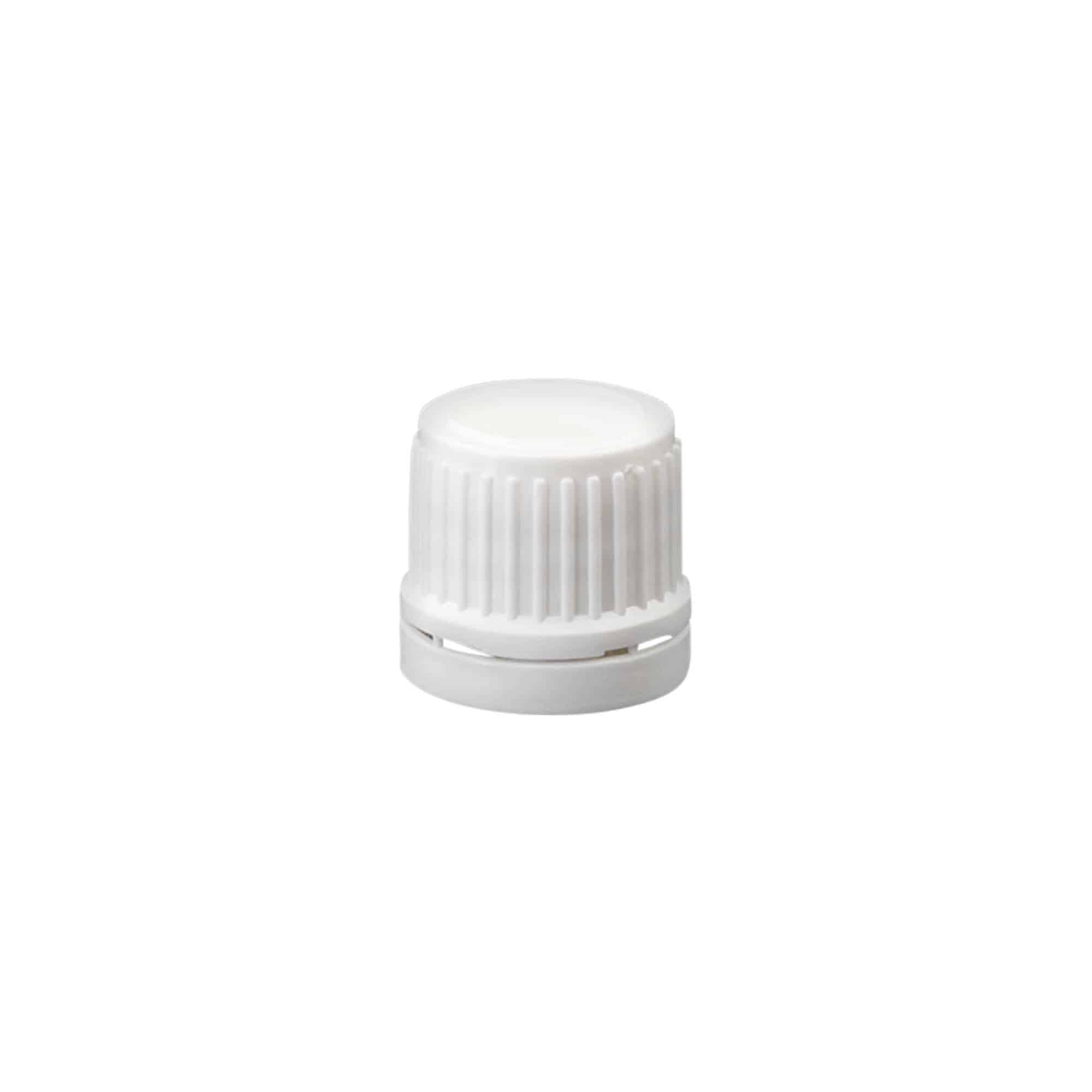 Screw cap with tamper-evident seal, PE plastic, white, for opening: DIN 18