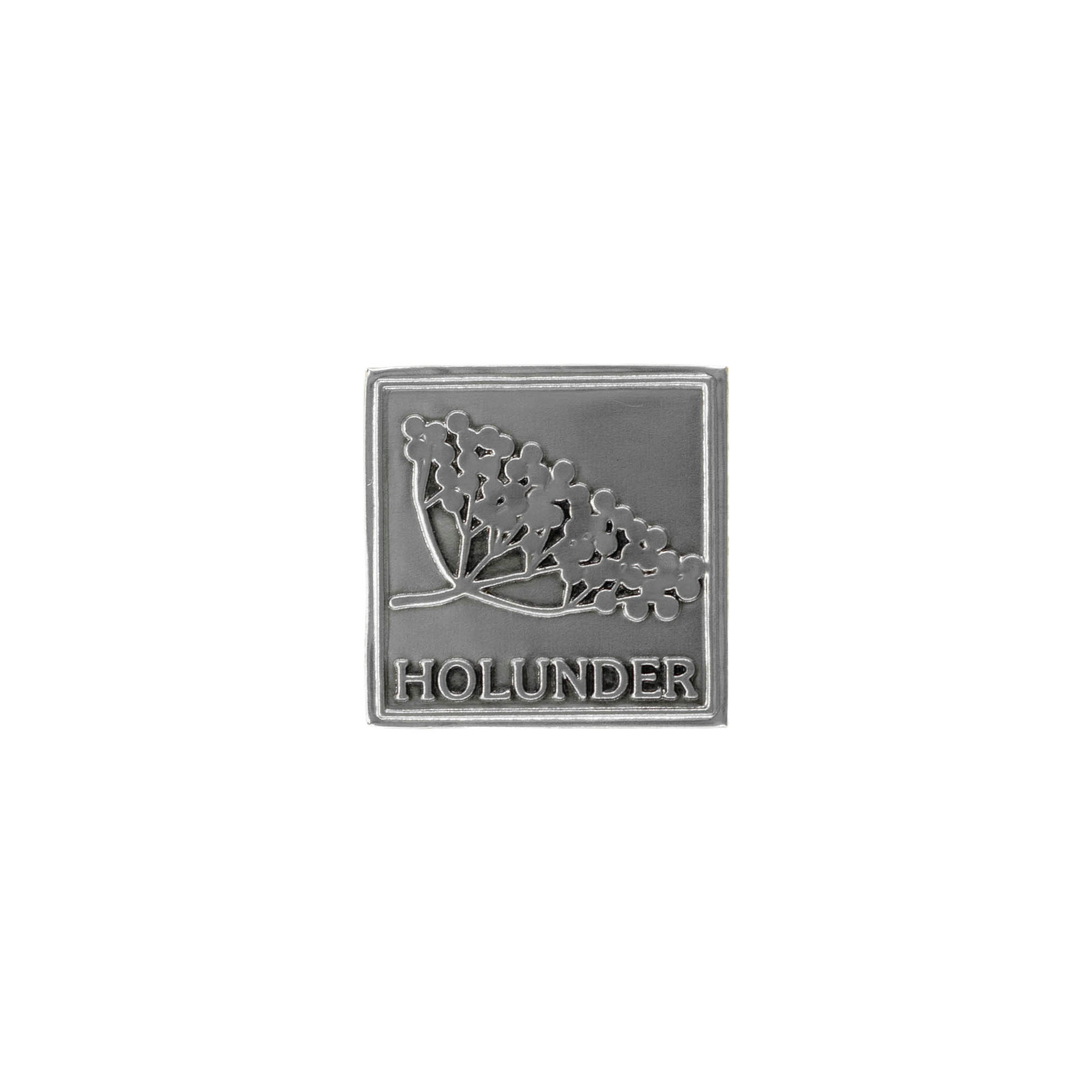 Tin label 'Elderberry', square, metal, silver Tin label 'Elderberry', square, metal, silver