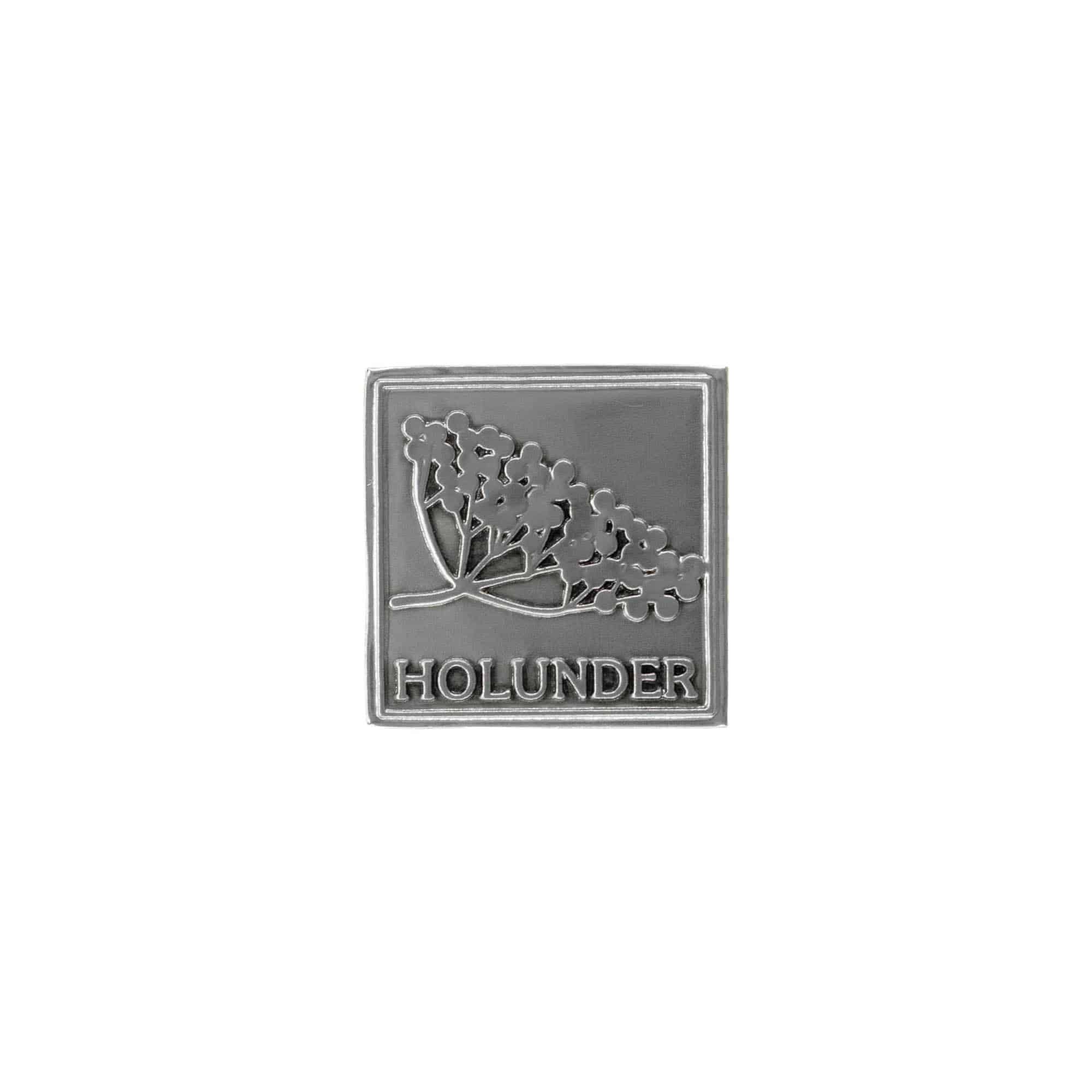 Tin label 'Elderberry', square, metal, silver