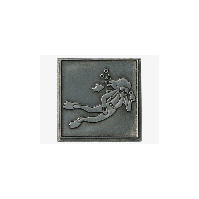 Tin label 'Diver', square, metal, silver Tin label 'Diver', square, metal, silver