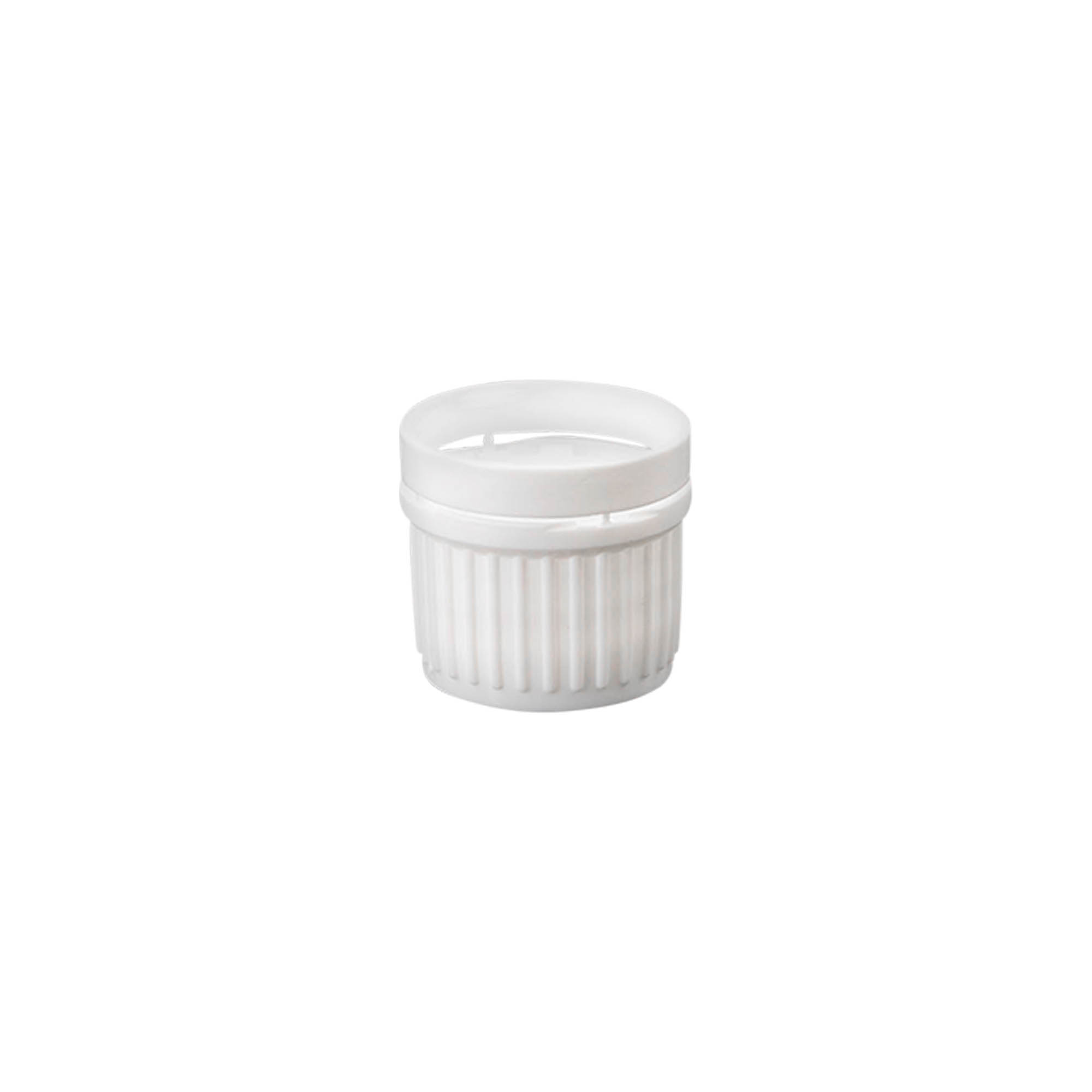 Screw cap with tamper-evident seal, PE plastic, white, for opening: DIN 18