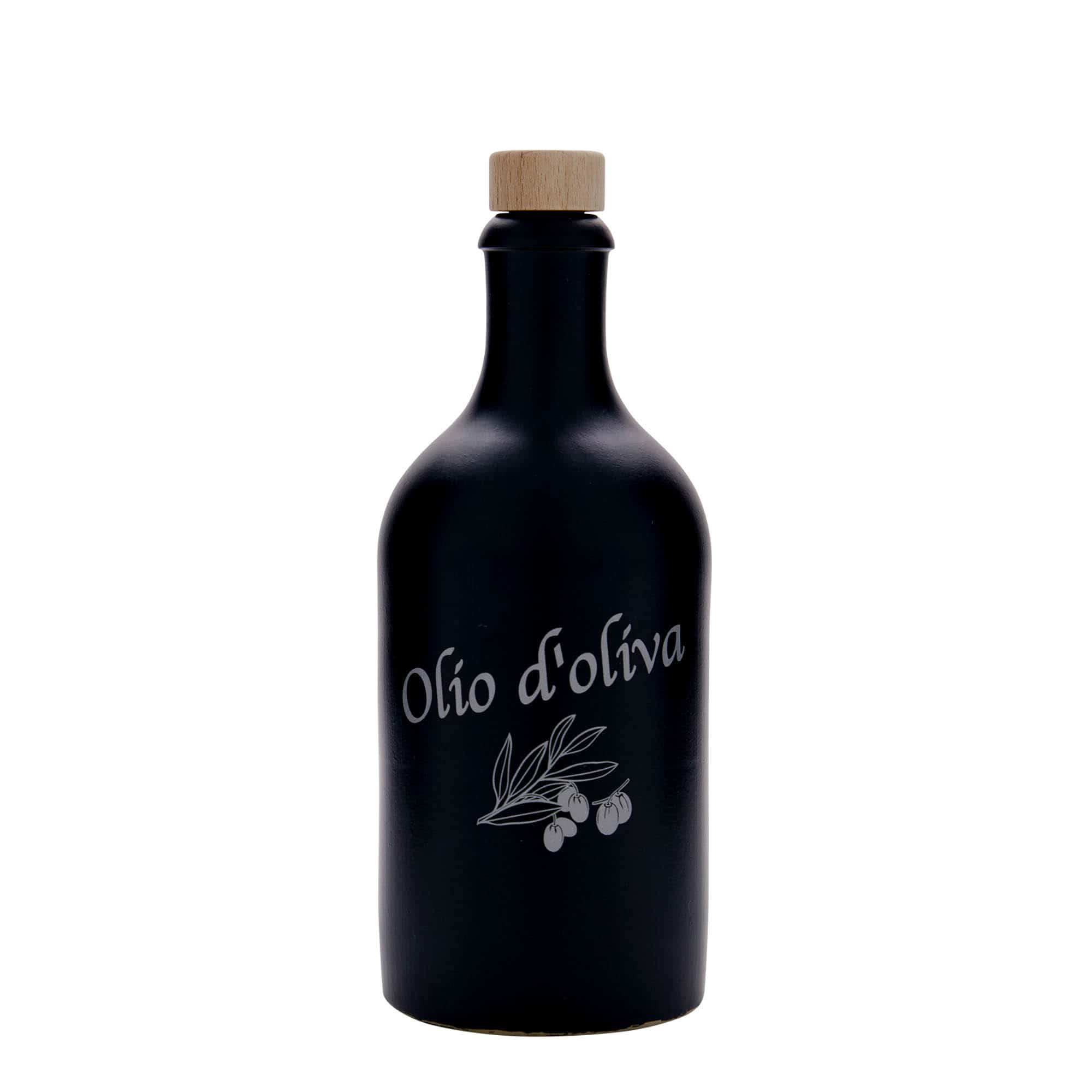 500 ml earthen jug, print: Olio d'Oliva, stoneware, black, closure: cork