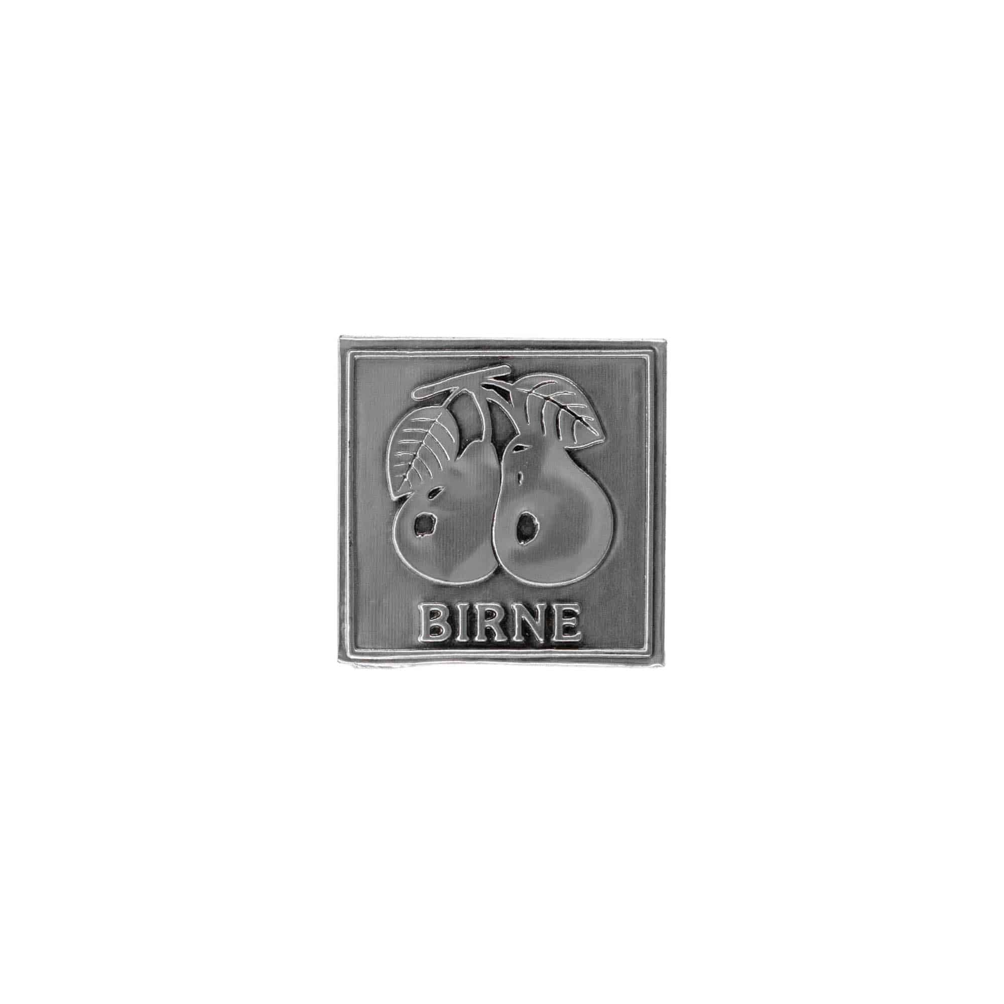 Tin label 'Pear', square, metal, silver