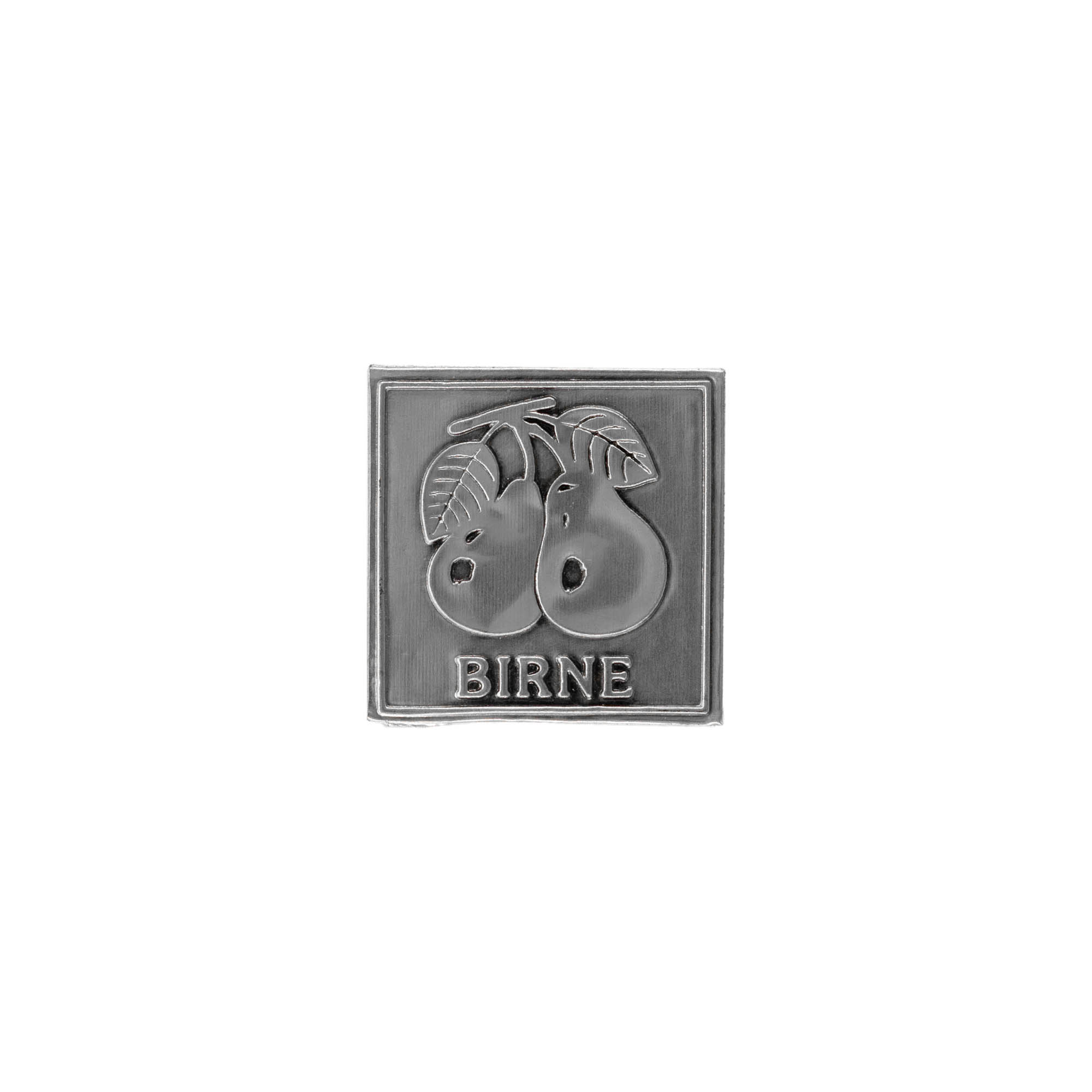 Tin label 'Pear', square, metal, silver