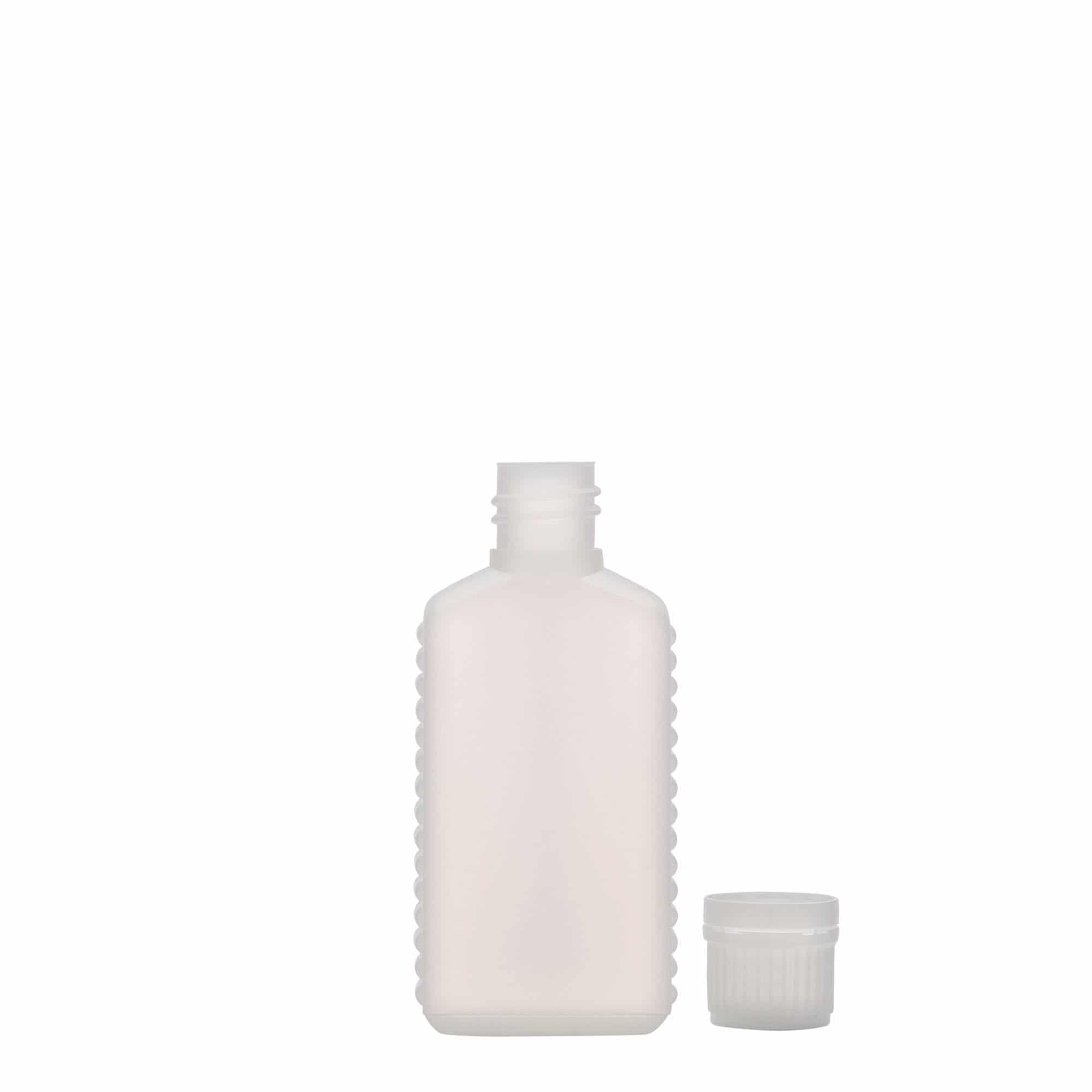 50 ml narrow neck canister bottle, rectangular, HDPE plastic, natural, closure: DIN 18