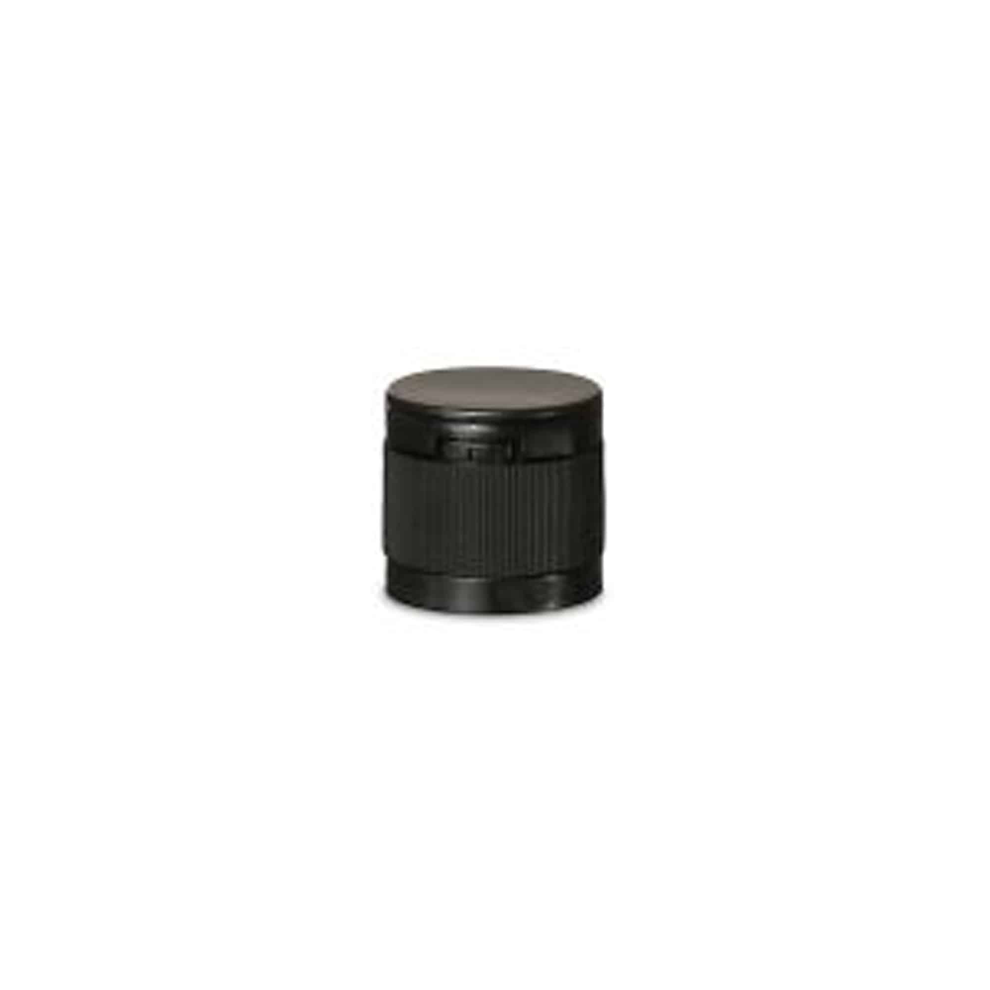 Screw cap with hinged flap, PP plastic, black, for opening: DIN 18