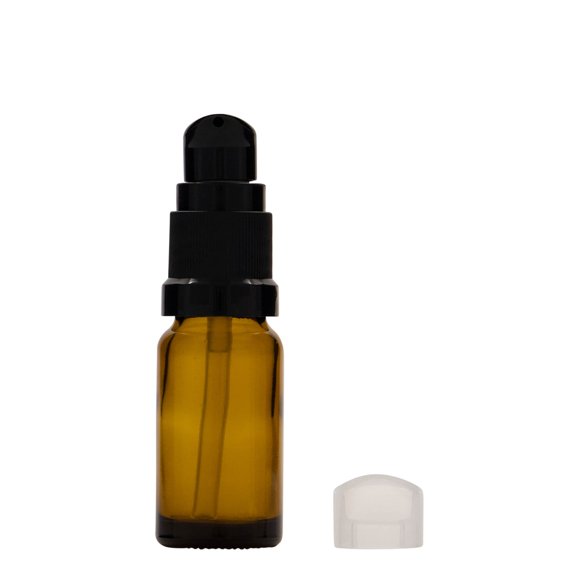 10 ml medicine bottle with lotion pump, glass, brown, opening: DIN 18 10 ml medicine bottle with lotion pump, glass, brown, opening: DIN 18