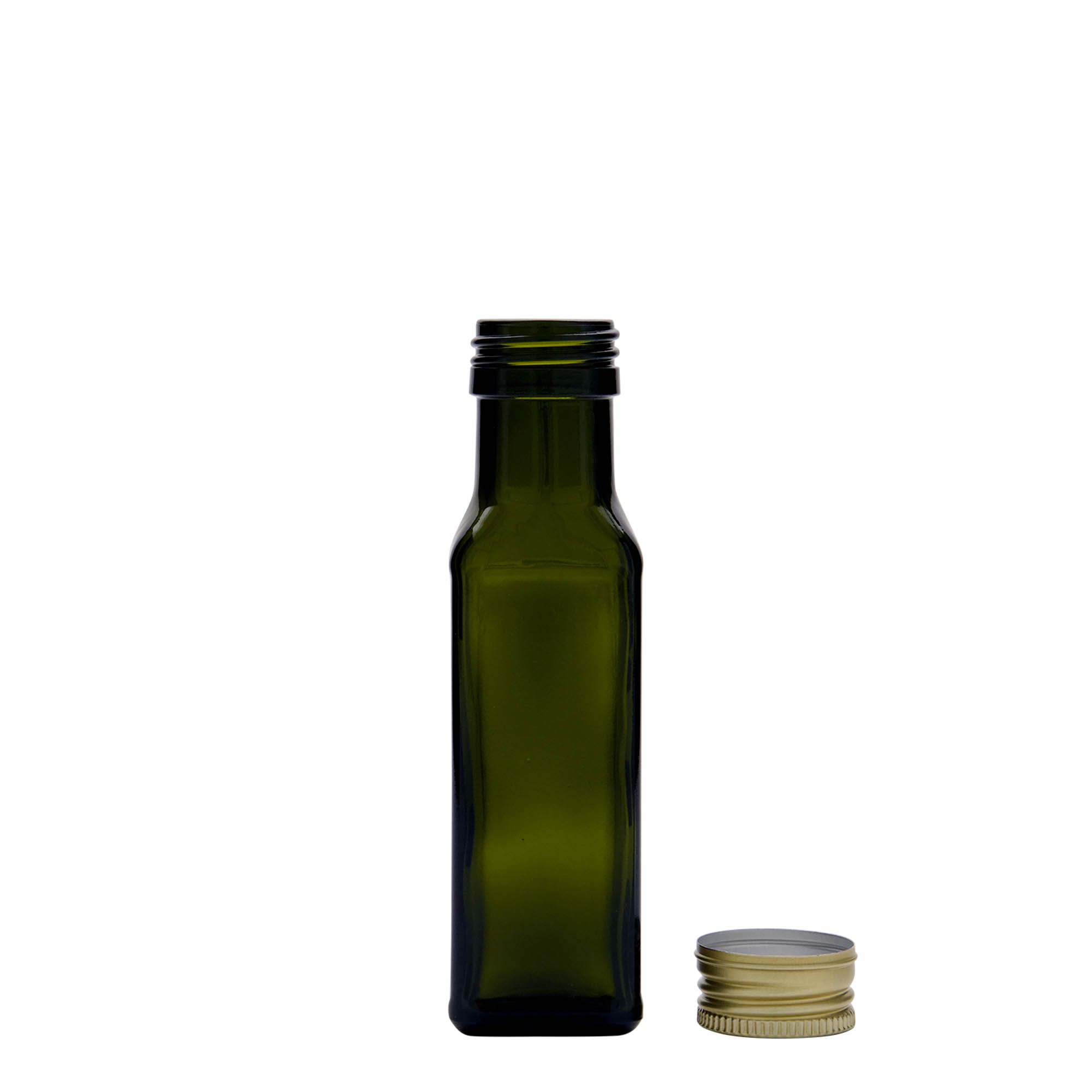 100 ml glass bottle 'Marasca', square, antique green, opening: PP 31.5 100 ml glass bottle 'Marasca', square, antique green, opening: PP 31.5