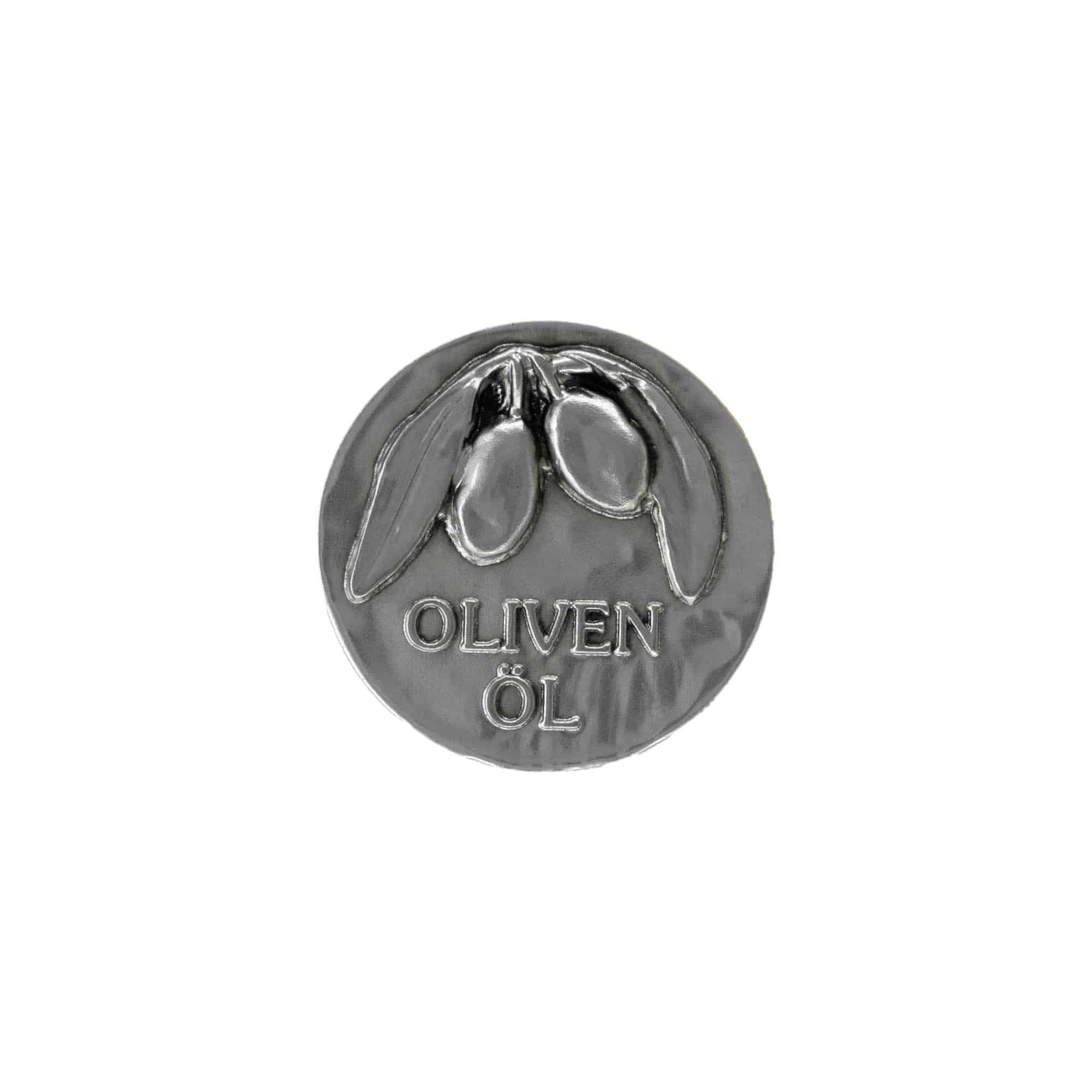 Tin label ‘Olive oil’, metal, silver