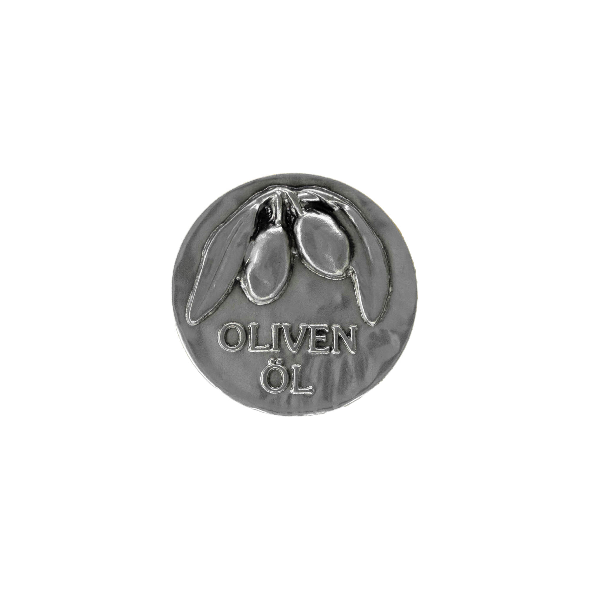 Tin label ‘Olive oil’, metal, silver