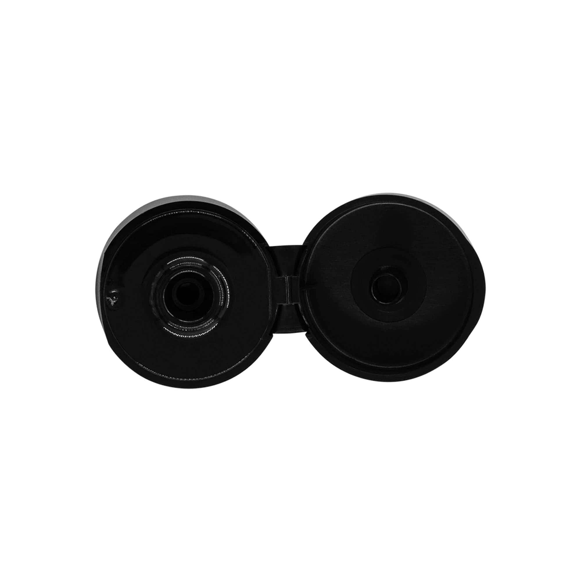 Screw cap with hinged flap, PP plastic, black, for opening: 24/410