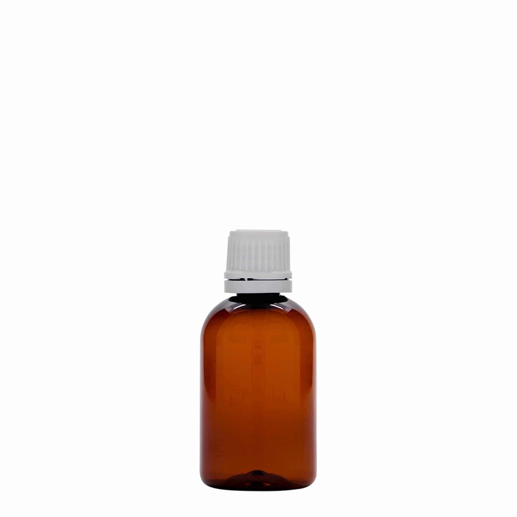 50 ml PET medical bottle 'Easy Living', brown, plastic, opening: DIN 18