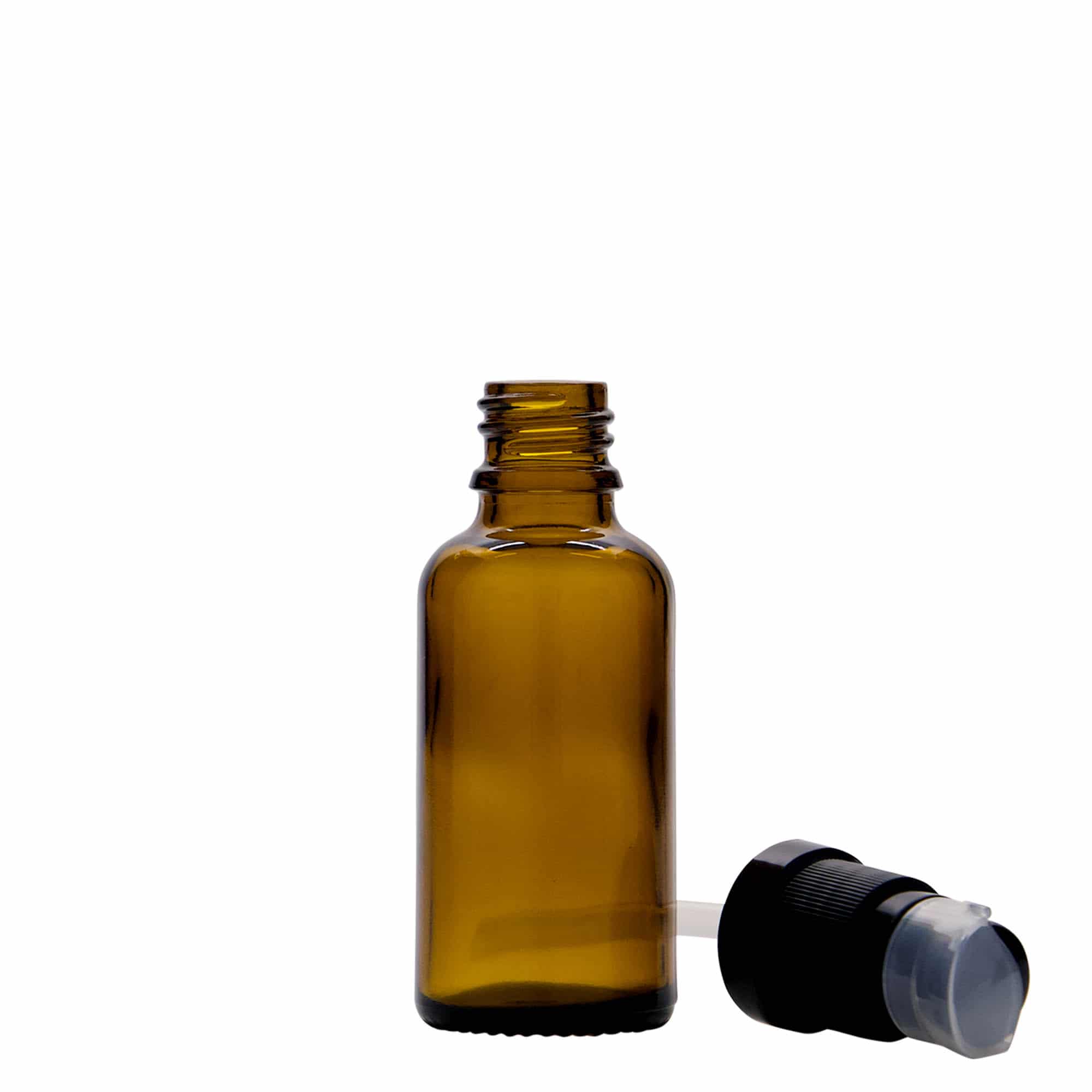 30 ml medical bottle with lotion pump, glass, brown, opening: DIN 18 30 ml medical bottle with lotion pump, glass, brown, opening: DIN 18