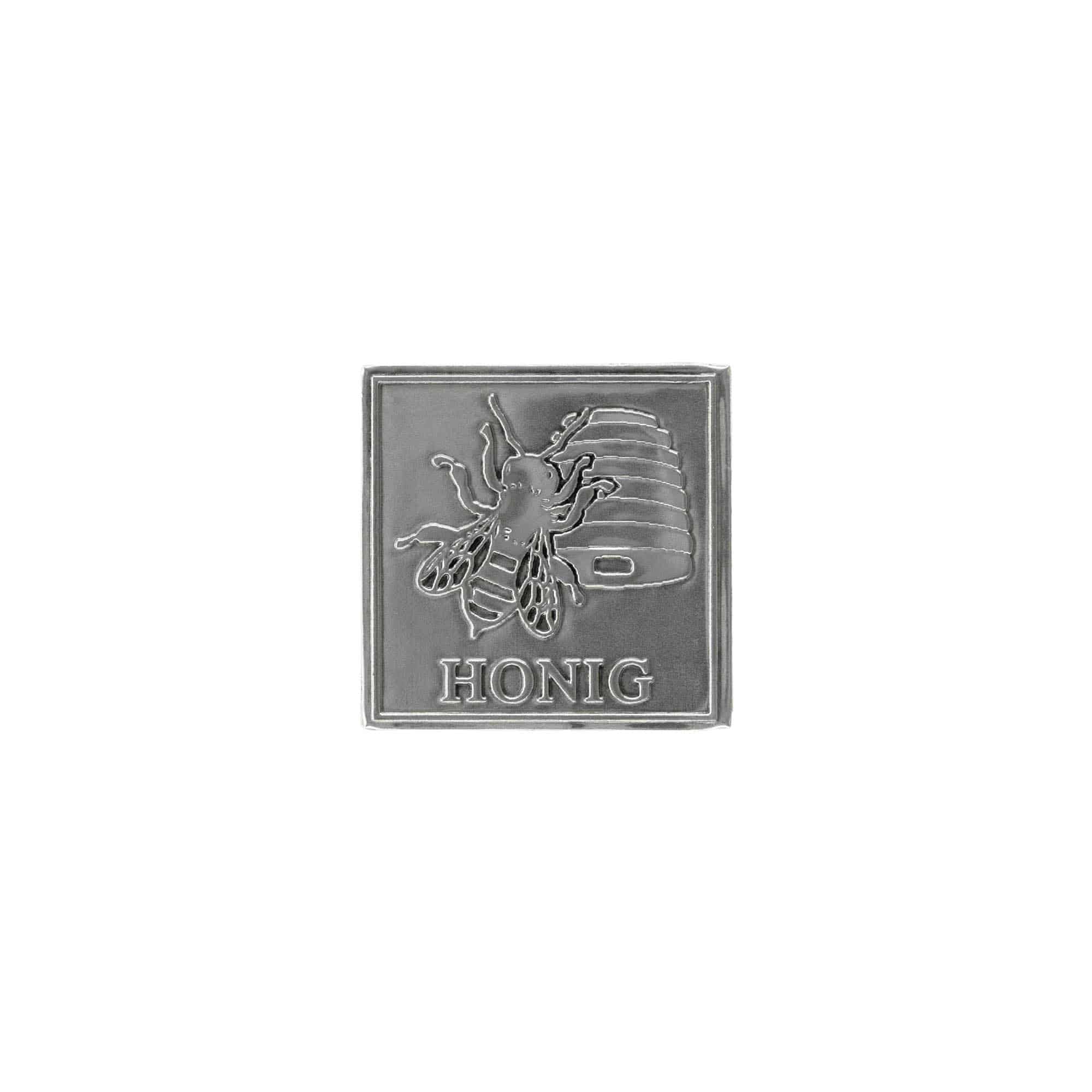 Tin label ‘Honey’, square, metal, silver