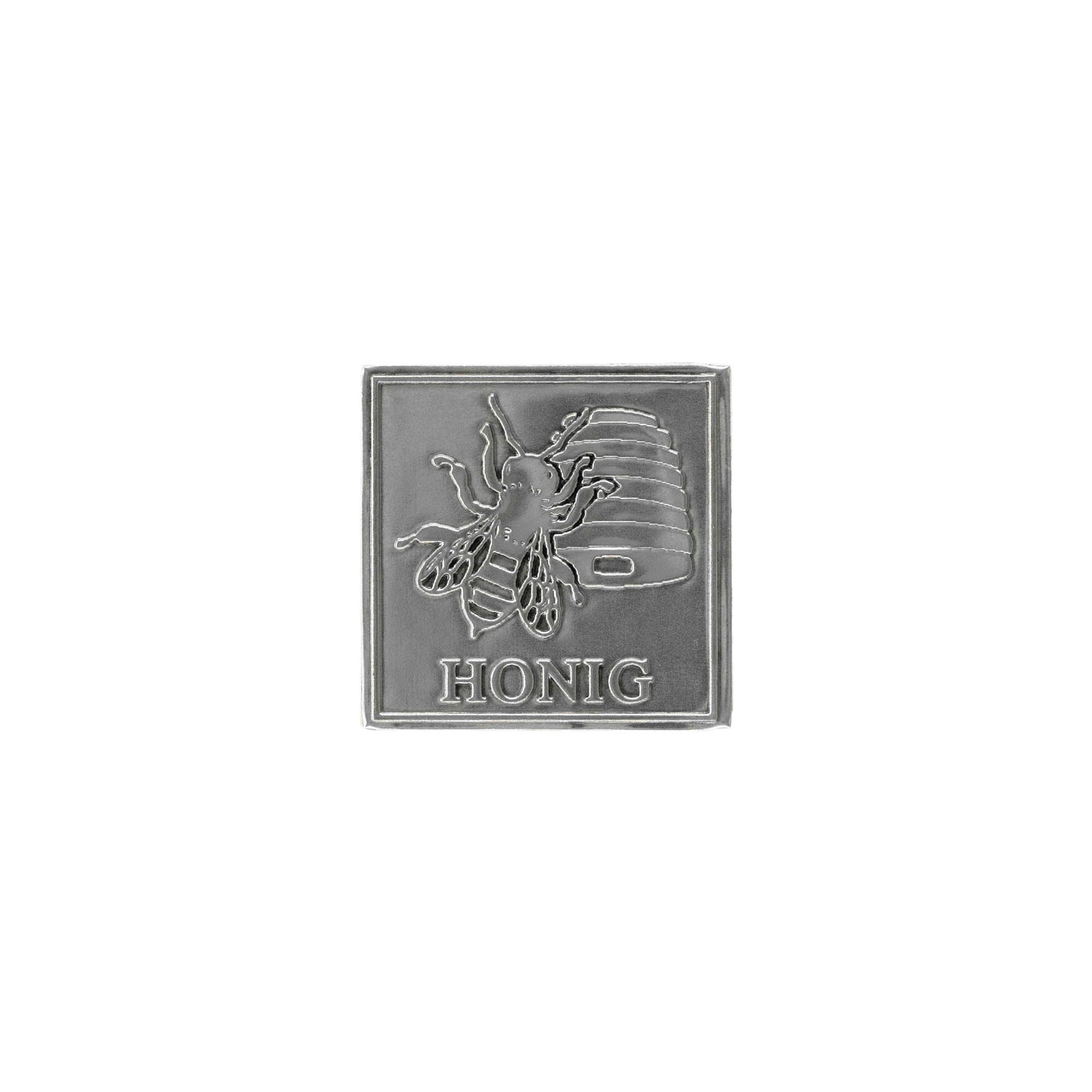 Tin label ‘Honey’, square, metal, silver